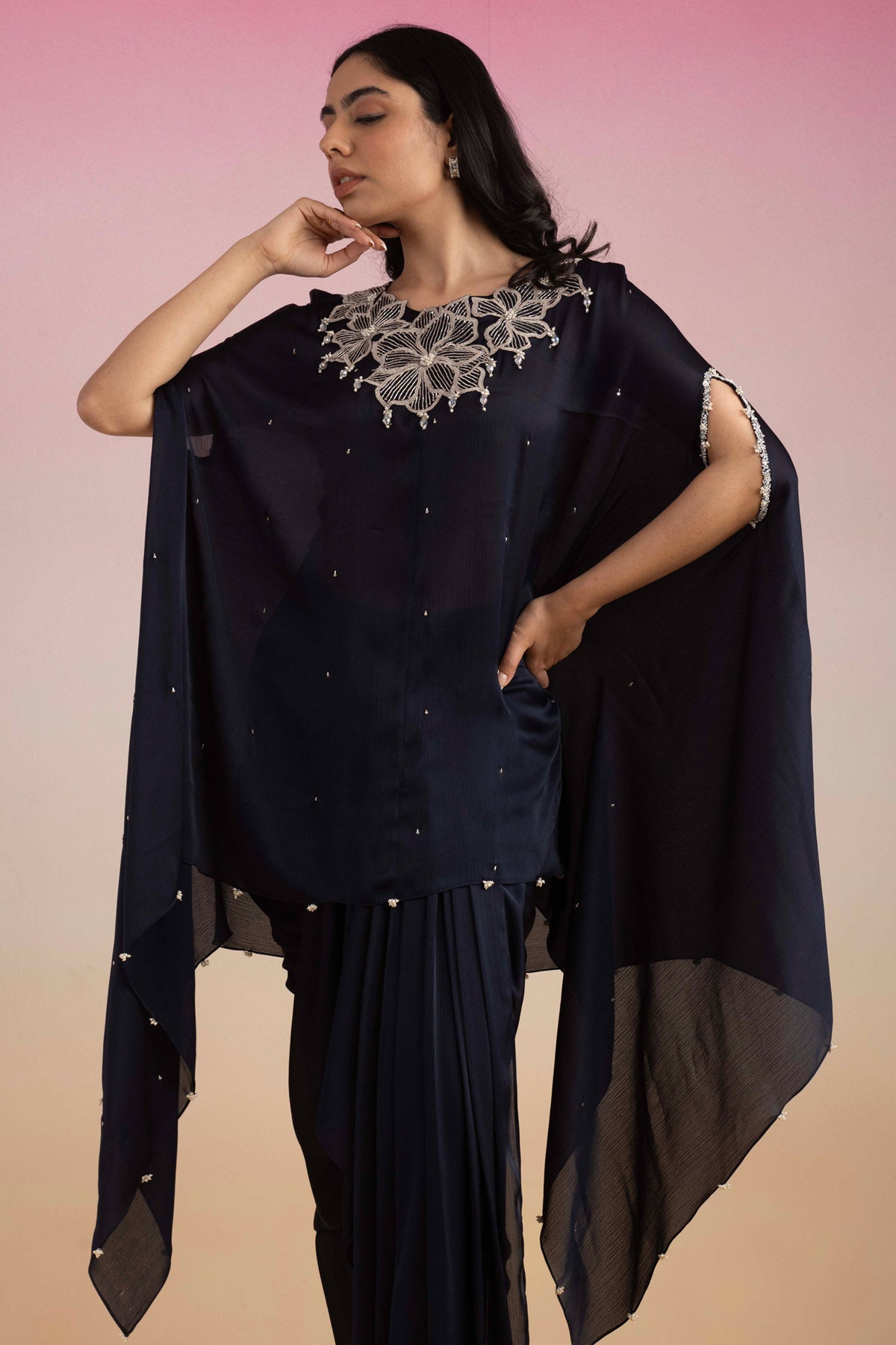 Navy Blue Zardosi Kaftan Set