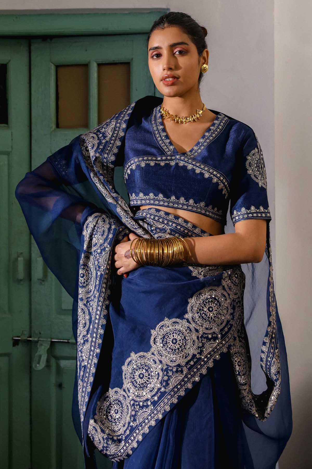 Navy Blue Zari Embroidered Saree