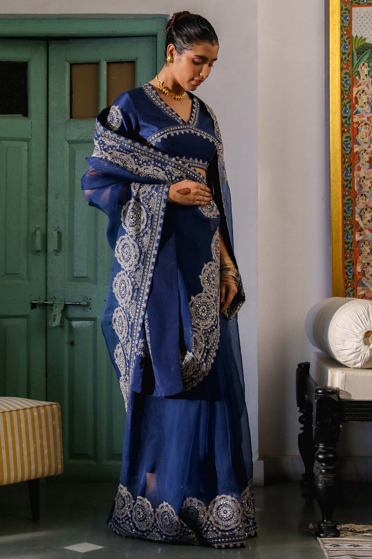 Navy Blue Zari Embroidered Saree