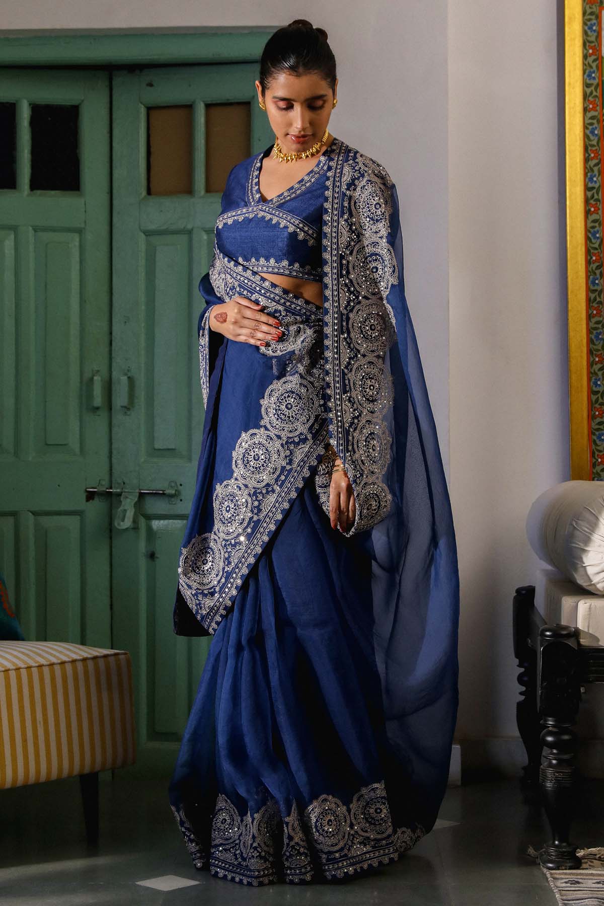 Navy Blue Zari Embroidered Saree