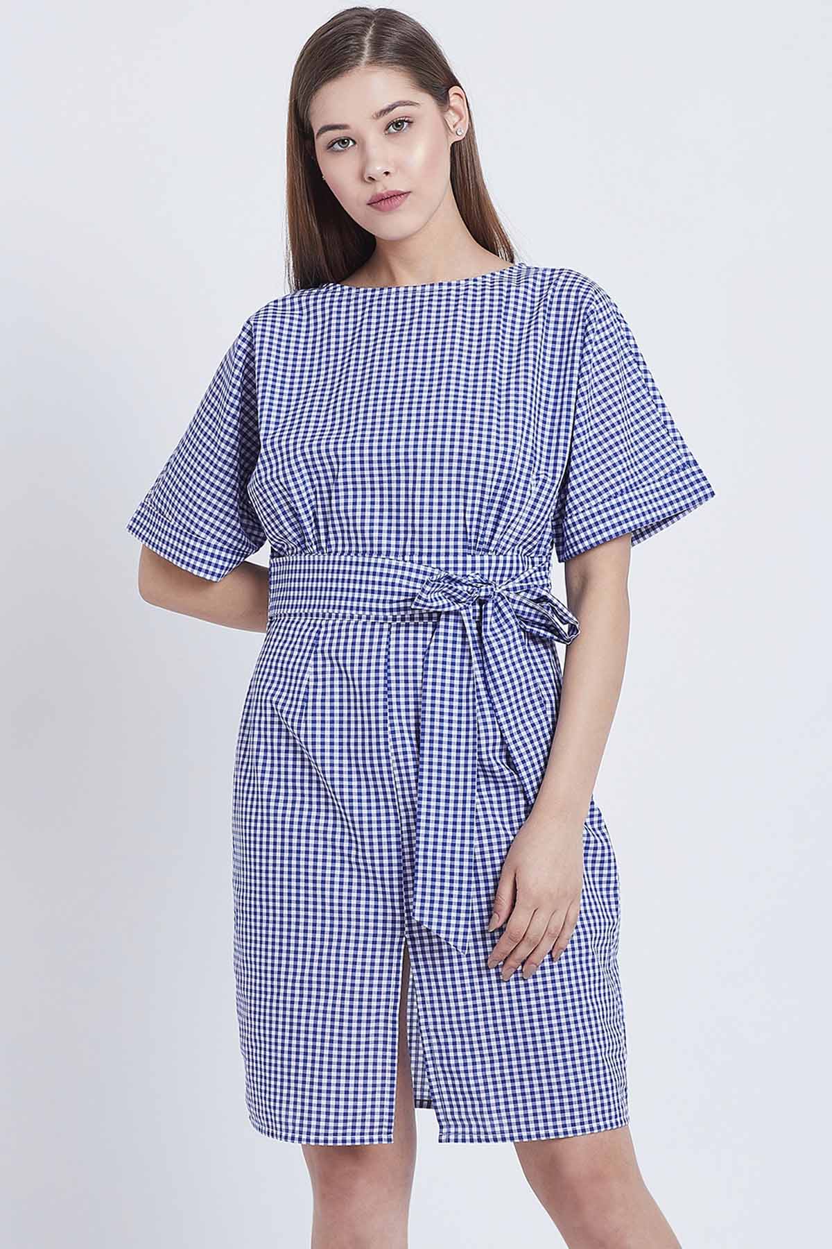 Navy Cotton Checkered Dress