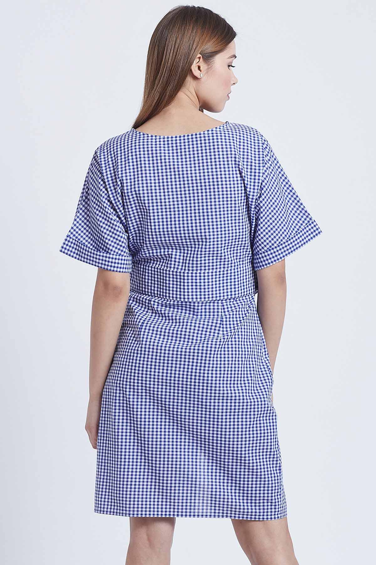Navy Cotton Checkered Dress