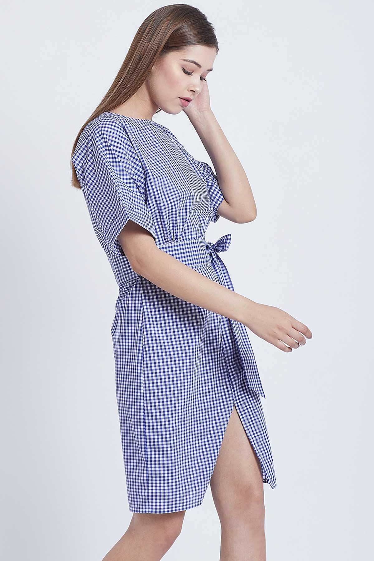 Navy Cotton Checkered Dress