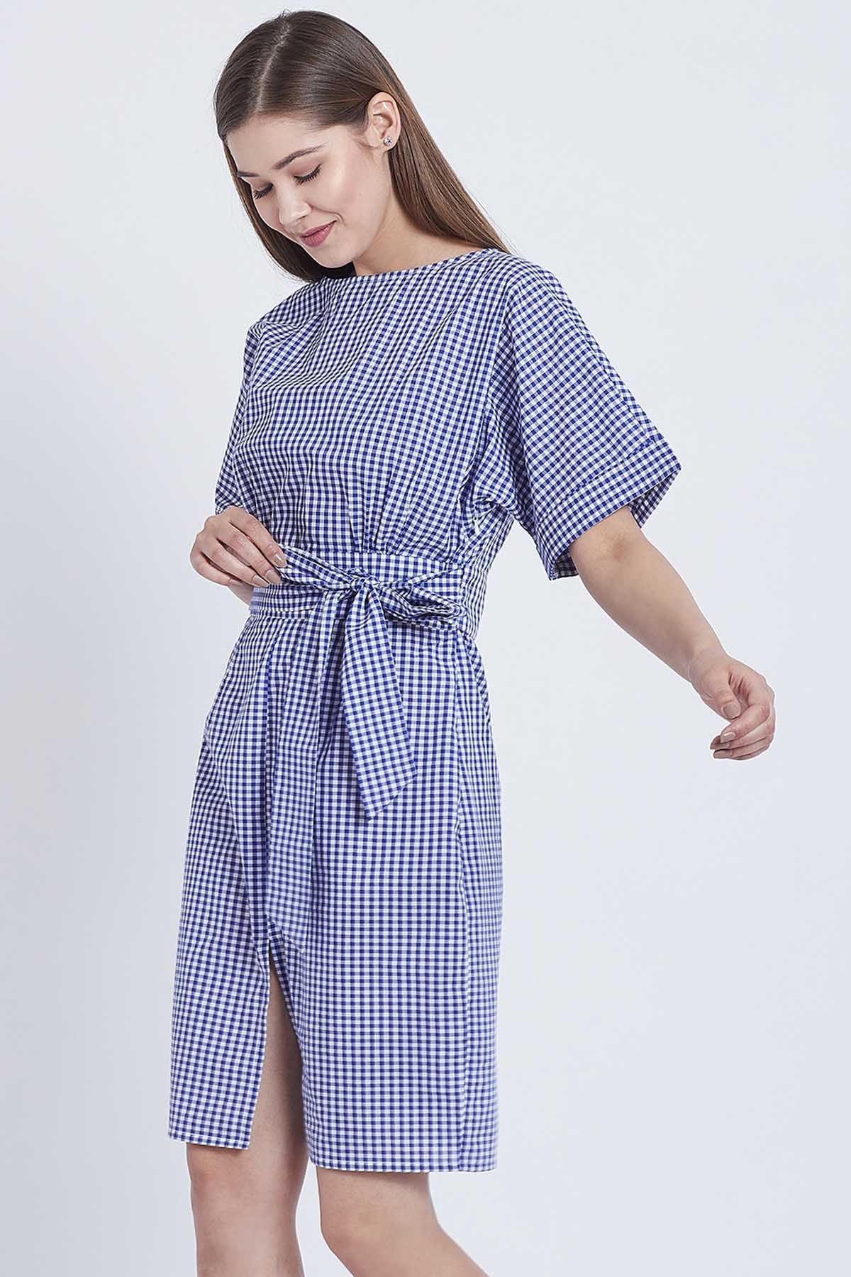 Navy Cotton Checkered Dress