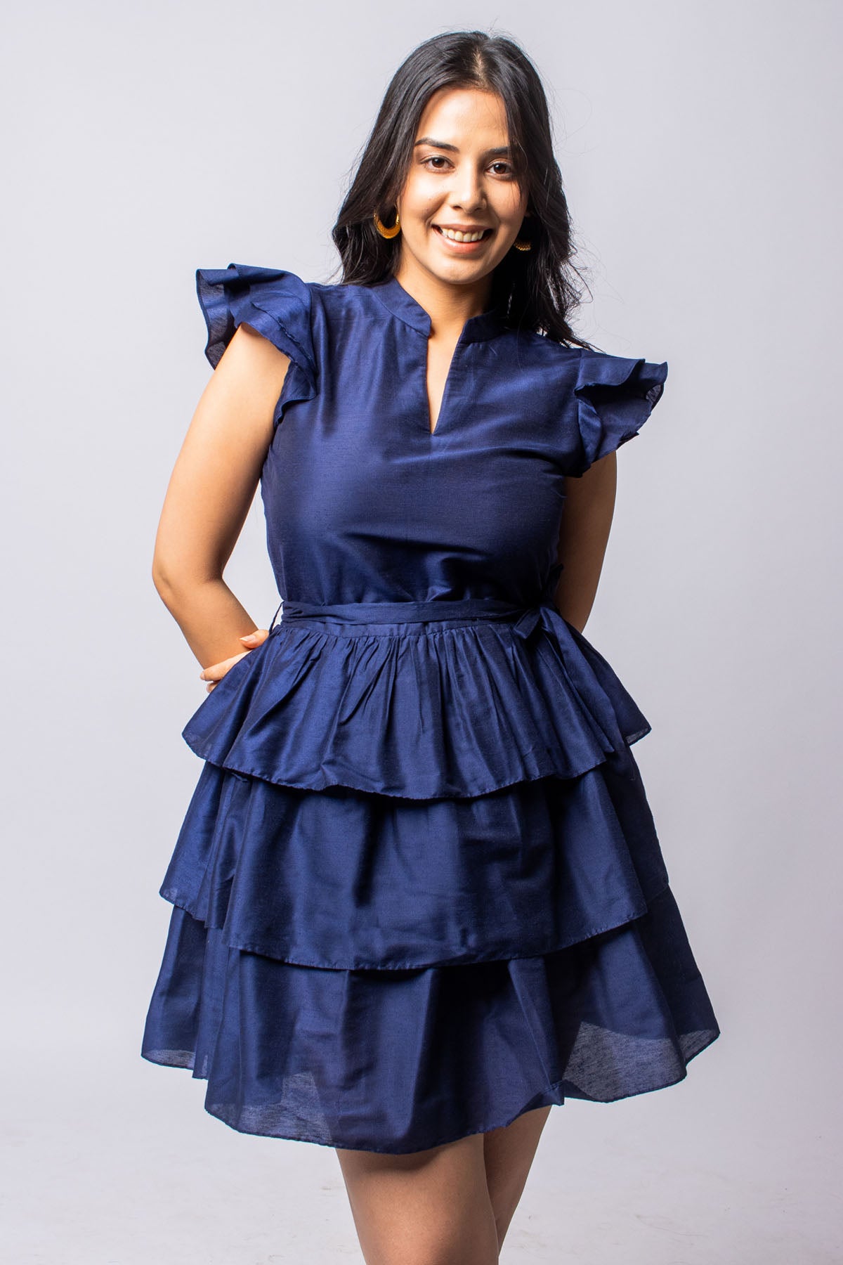 Buy Label J Navy Cotton Silk Layered Dress at ScrollnShops