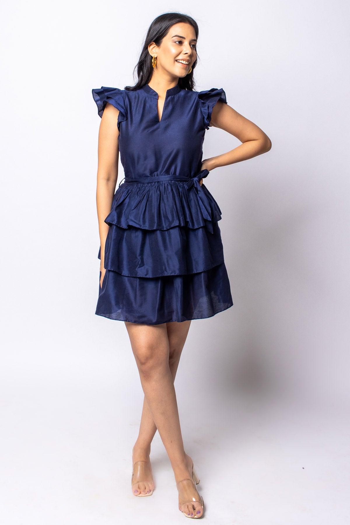 Navy Cotton Silk Layered Dress