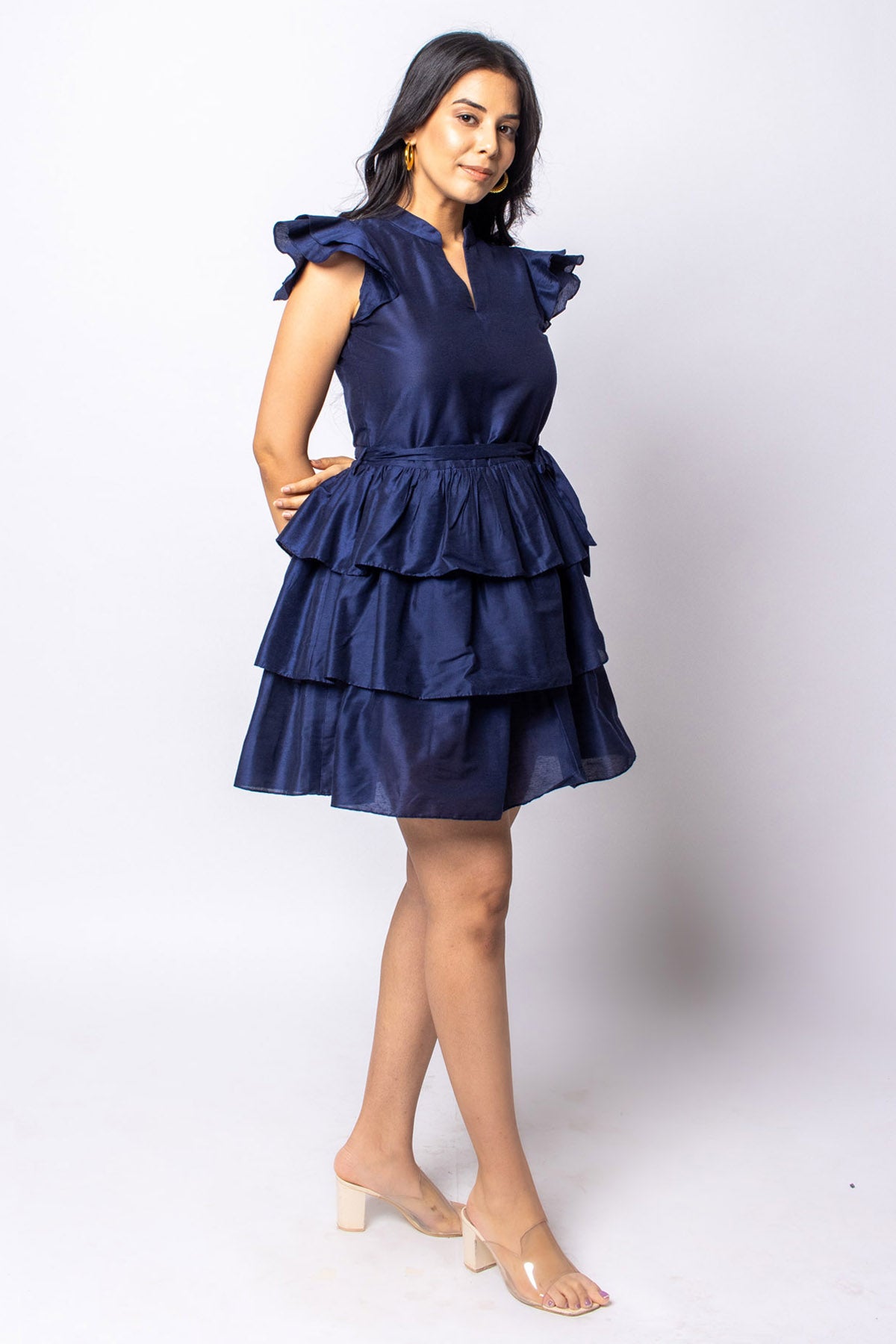 Navy Cotton Silk Layered Dress
