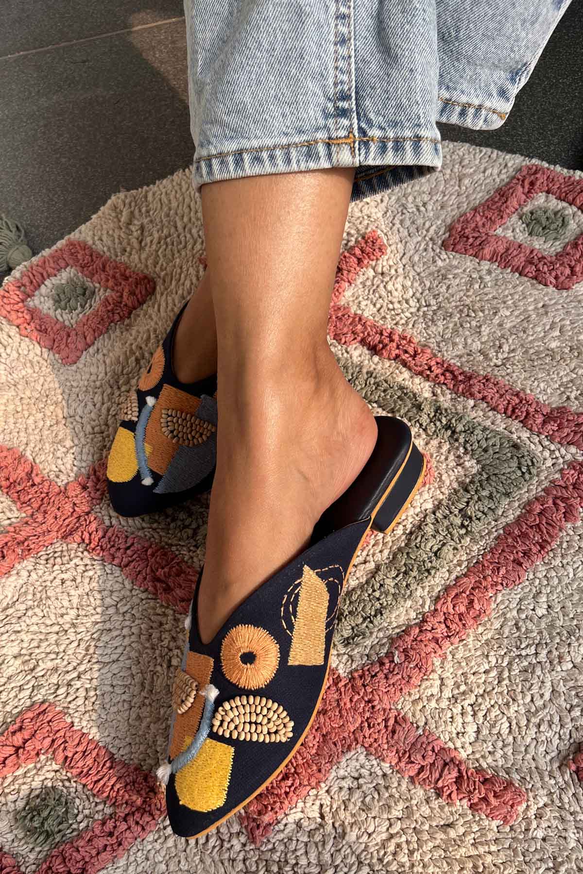 Navy Hand Embroidered Mules
