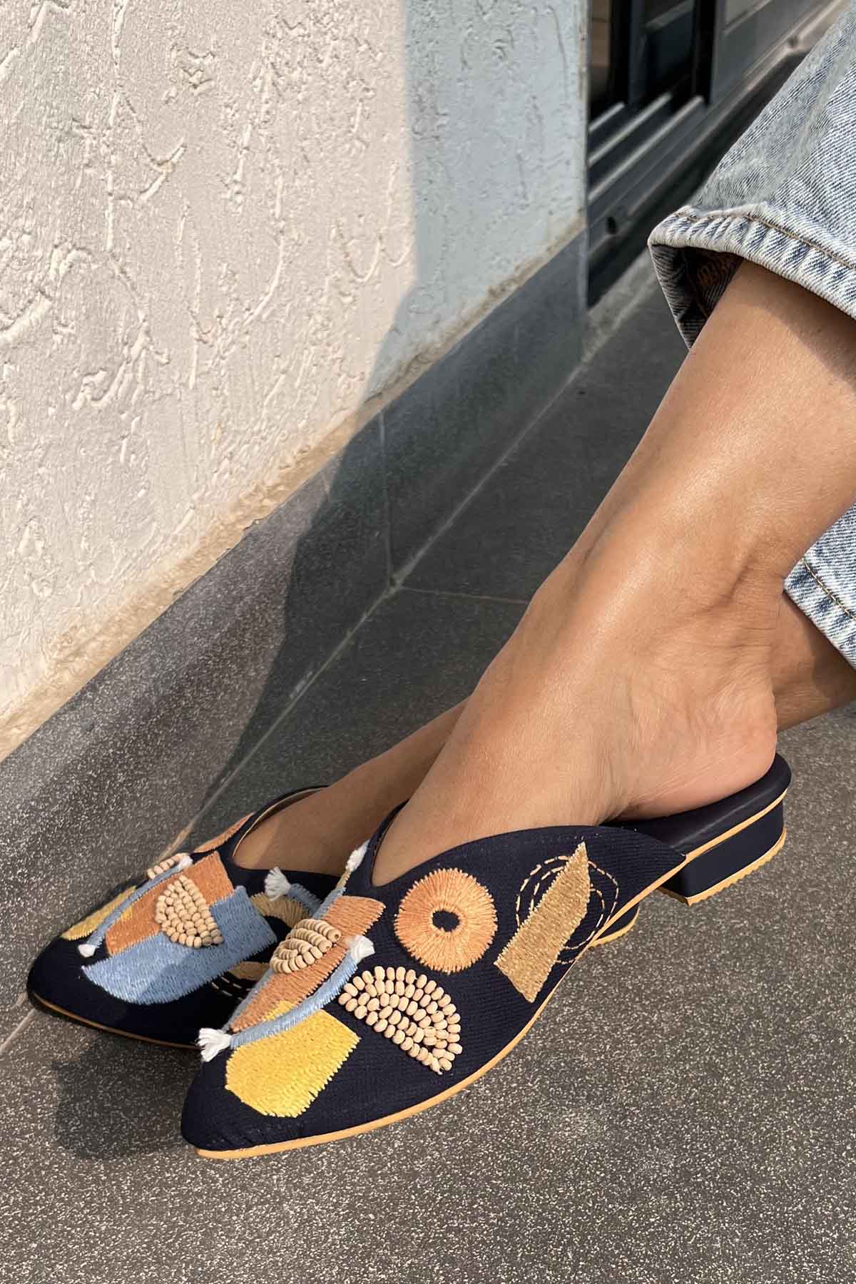 Navy Hand Embroidered Mules