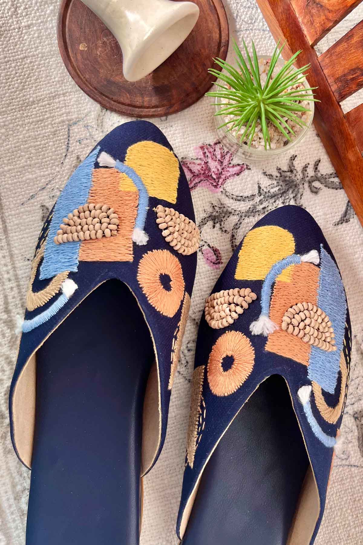 Navy Hand Embroidered Mules