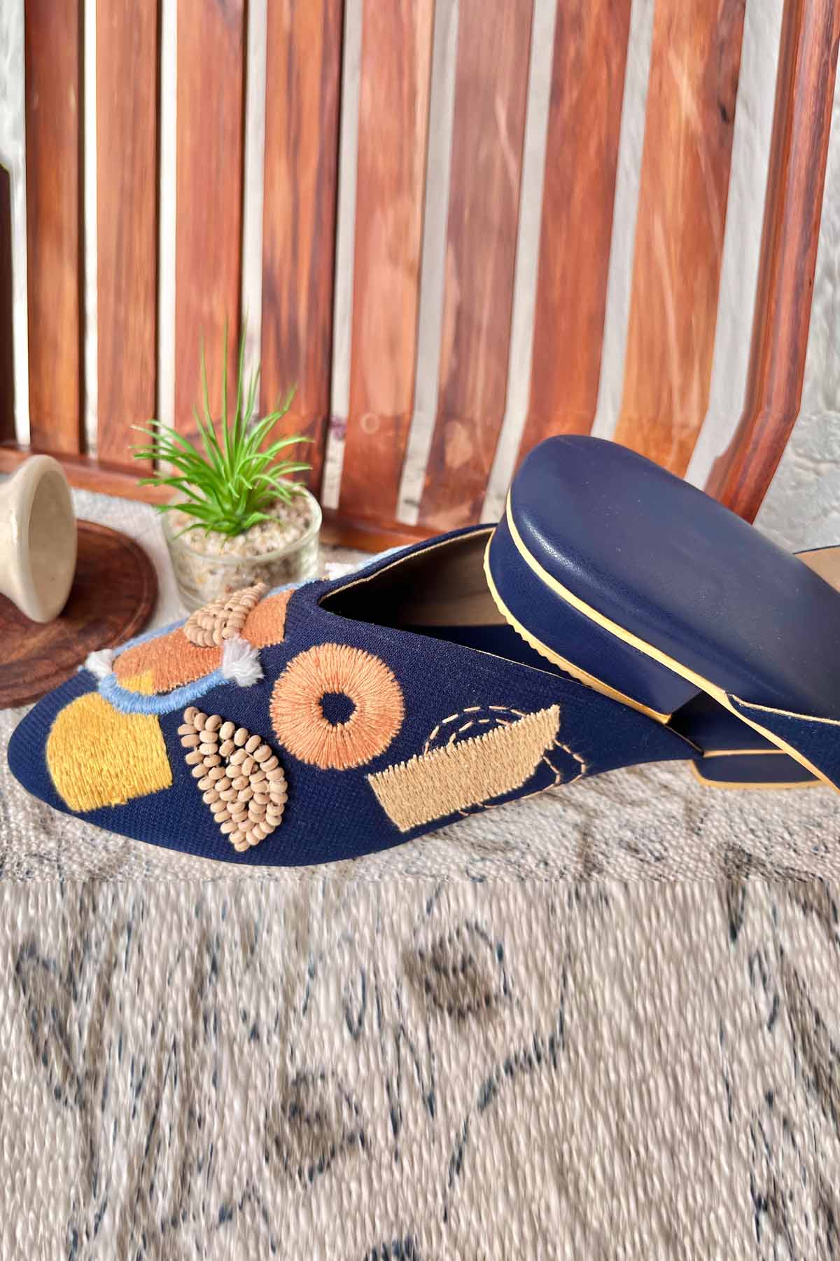 Navy Hand Embroidered Mules