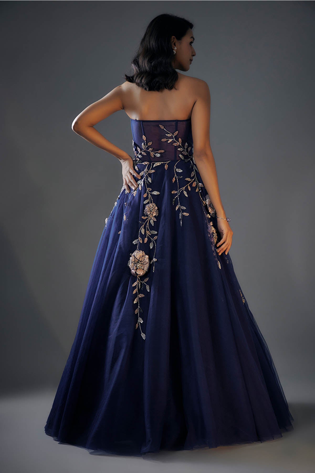 Navy Blue 3D Embroidered Gown