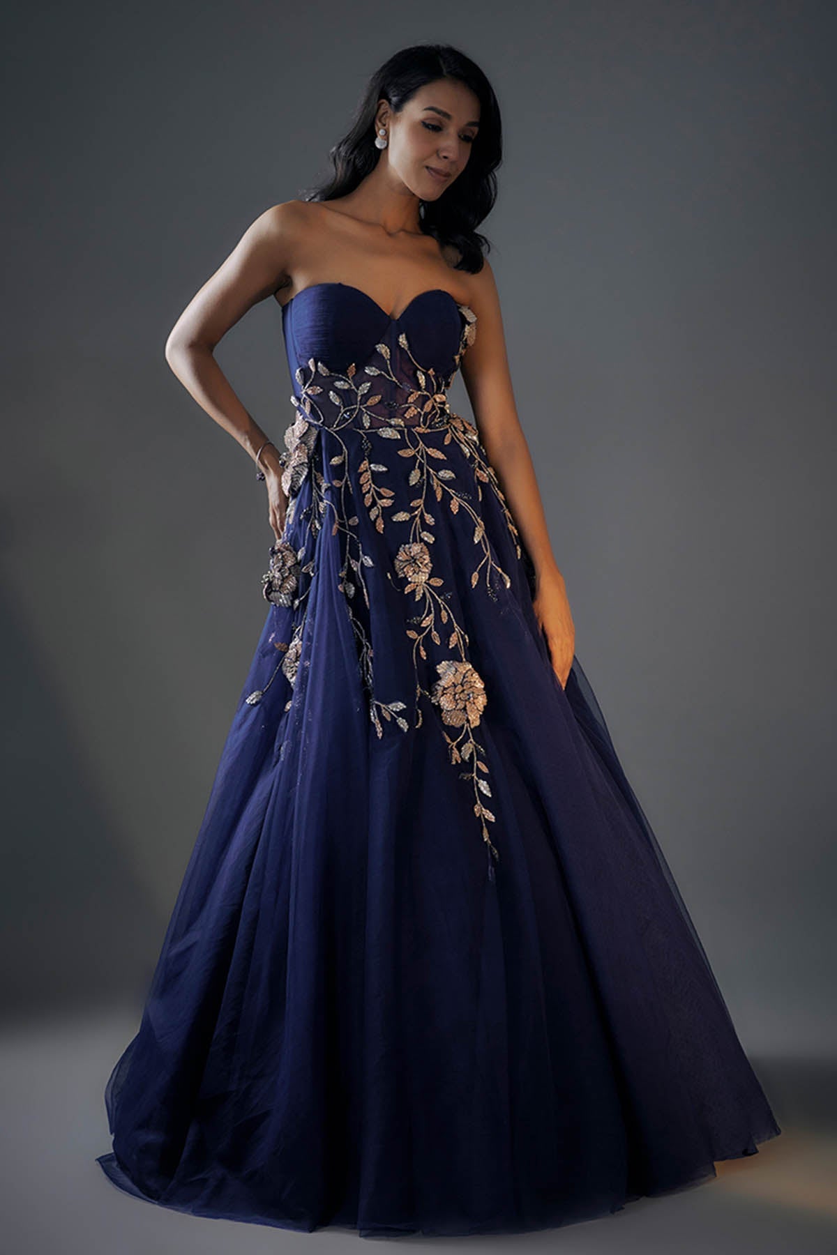Buy Navy Blue 3D Embroidered Gown by Masumi Mewawalla for women online at ScrollnShops