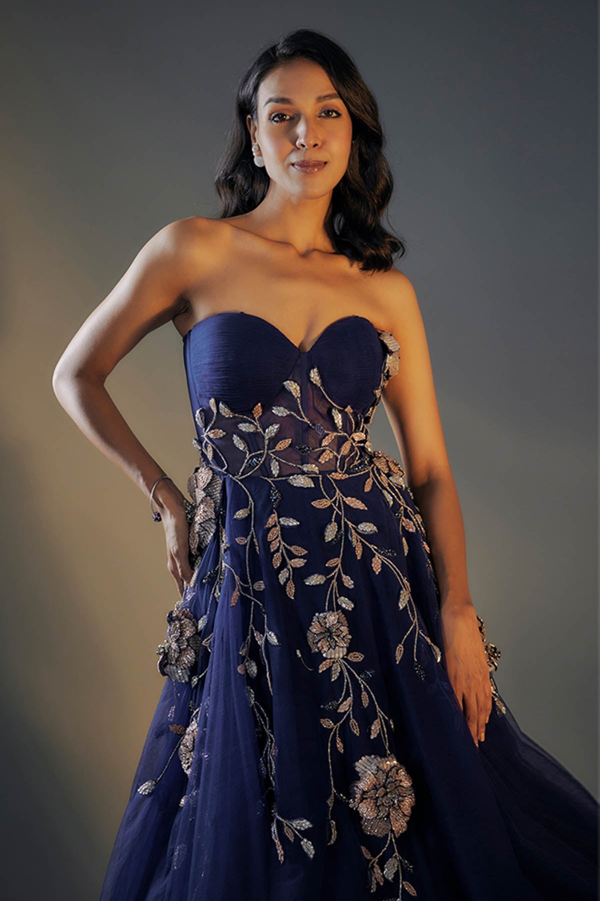 Navy Blue 3D Embroidered Gown