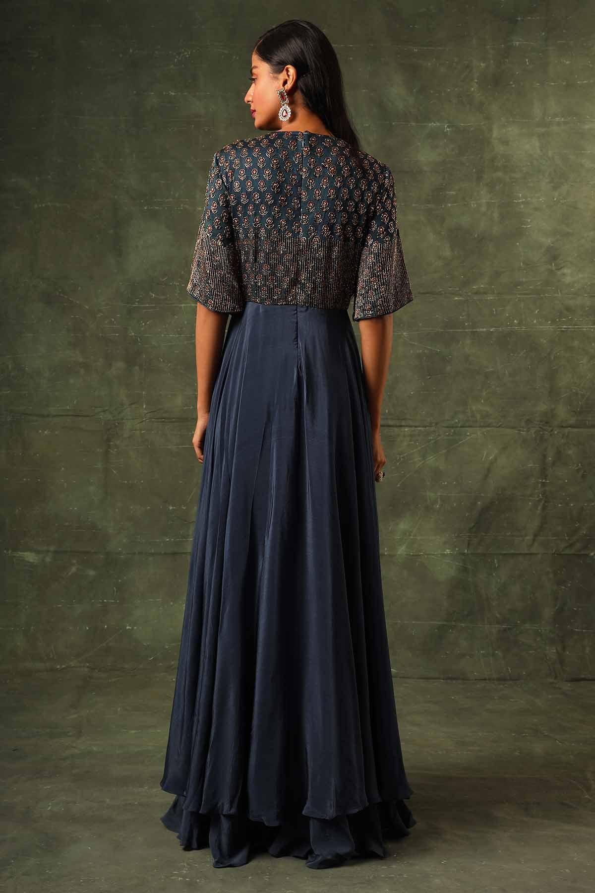 Navy Blue Ajrakh A-Line Gown