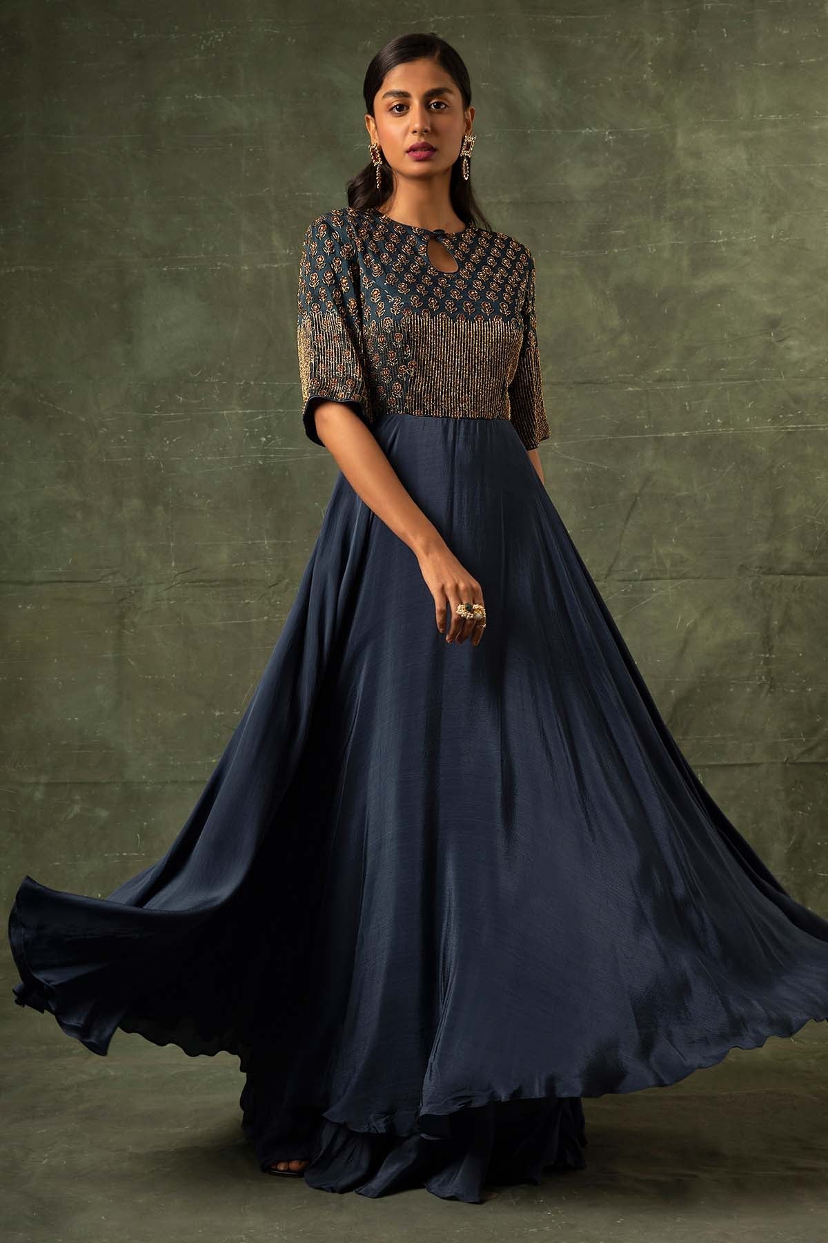 Sejal Kamdar Navy Blue Ajrakh A-Line Gown for women online at ScrollnShops