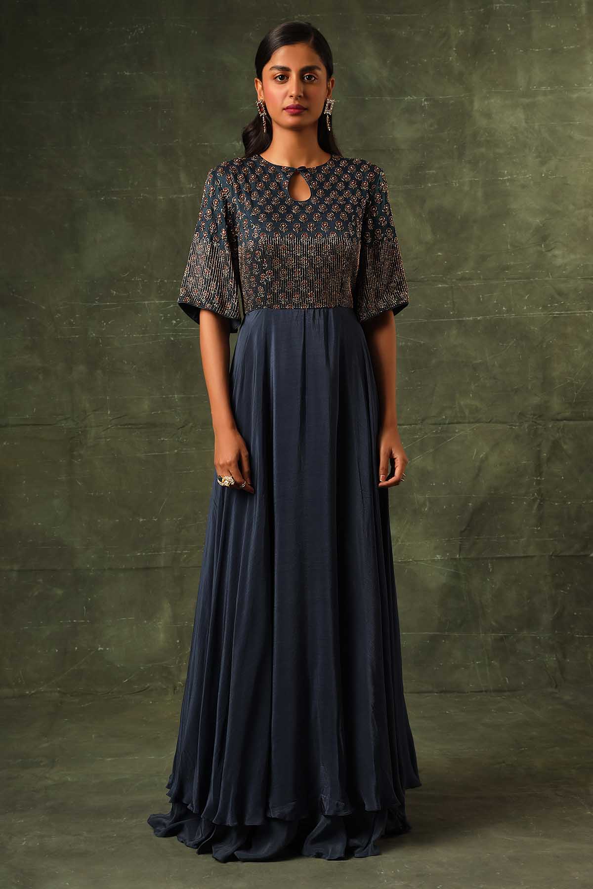 Navy Blue Ajrakh A-Line Gown