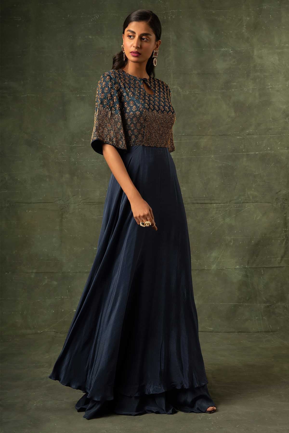 Navy Blue Ajrakh A-Line Gown