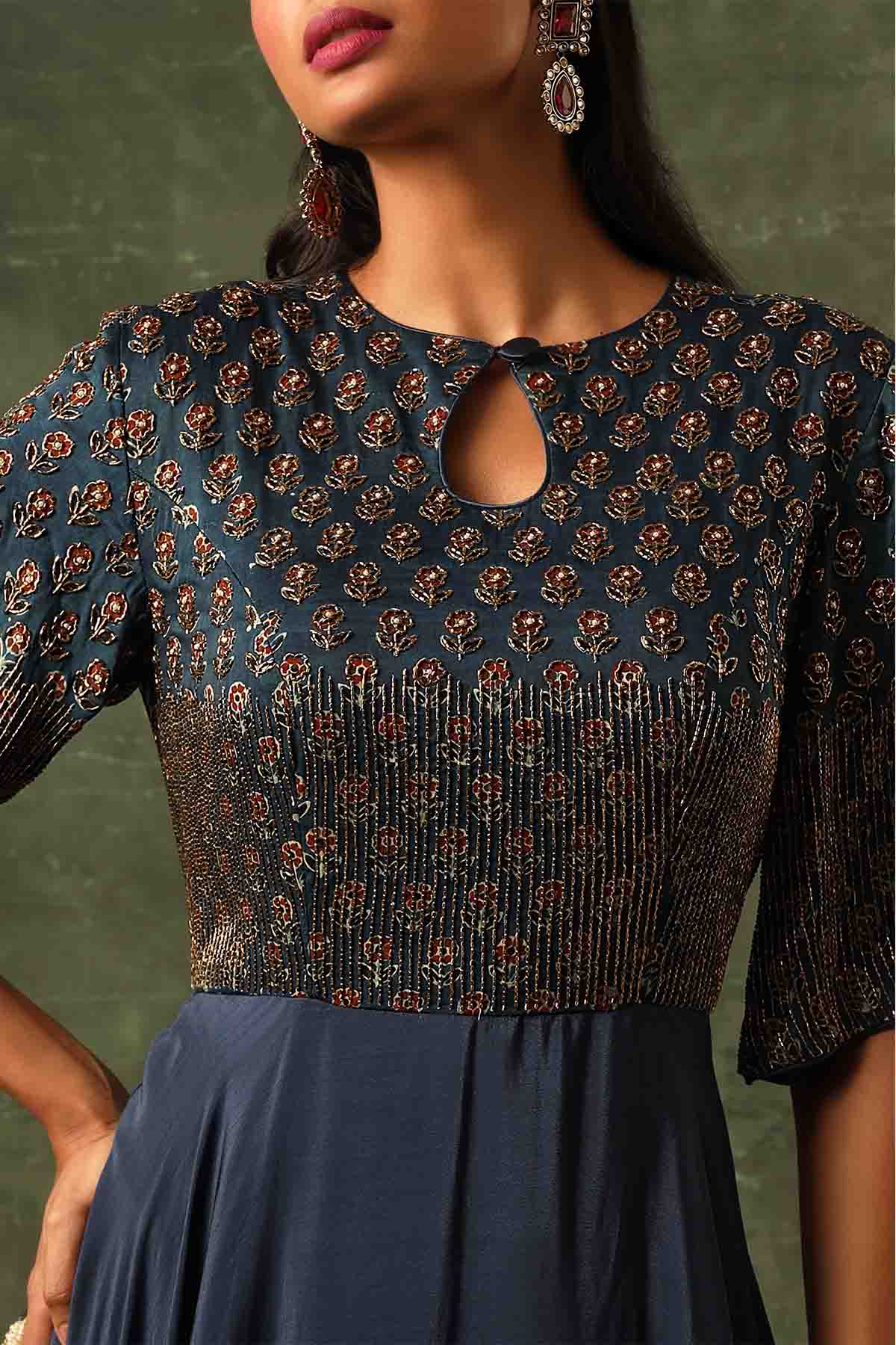 Navy Blue Ajrakh A-Line Gown