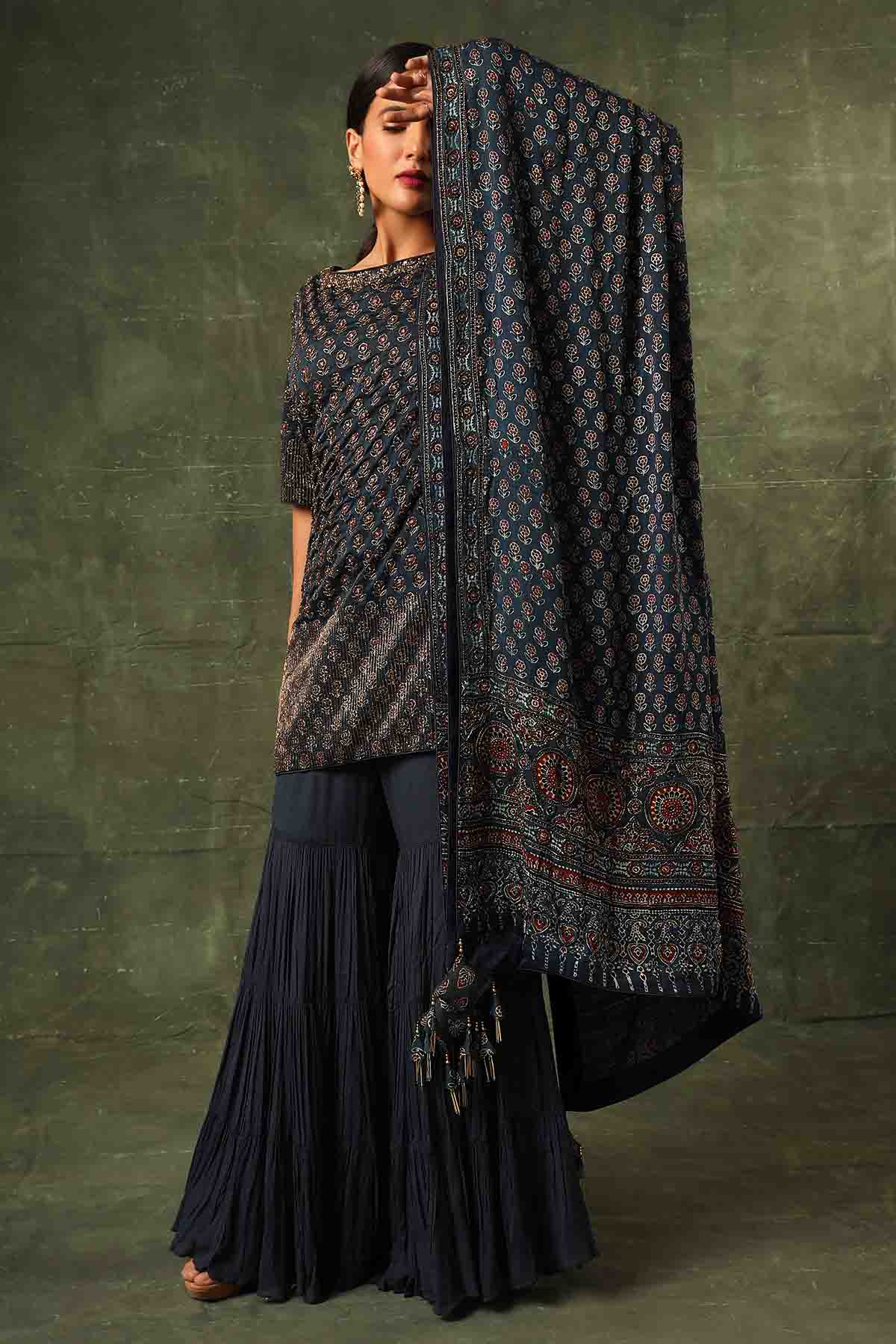 Navy Blue Ajrakh Sharara Set