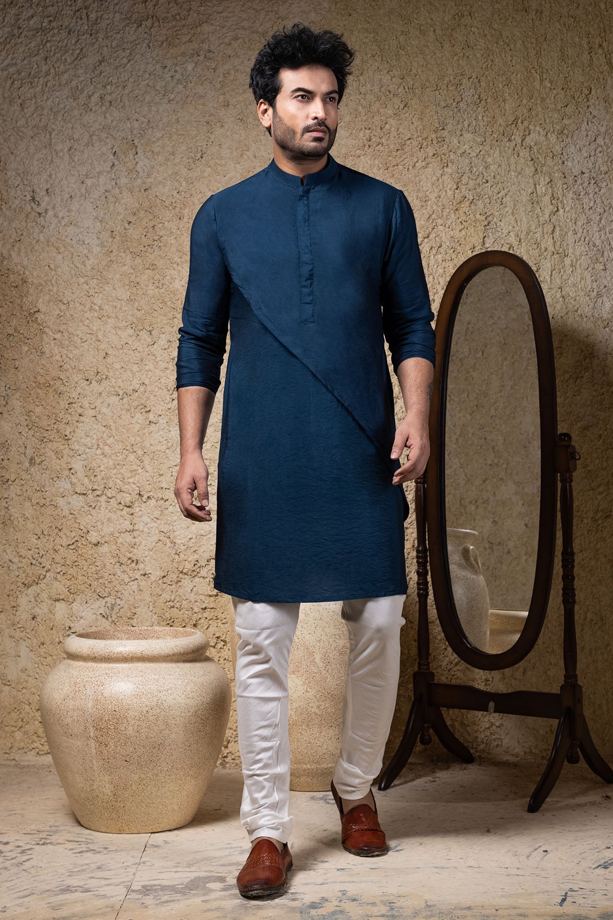 Buy Navy Blue Asymmetrical Kurta Set by Priyanka Haralalka for men online at ScrollnShops