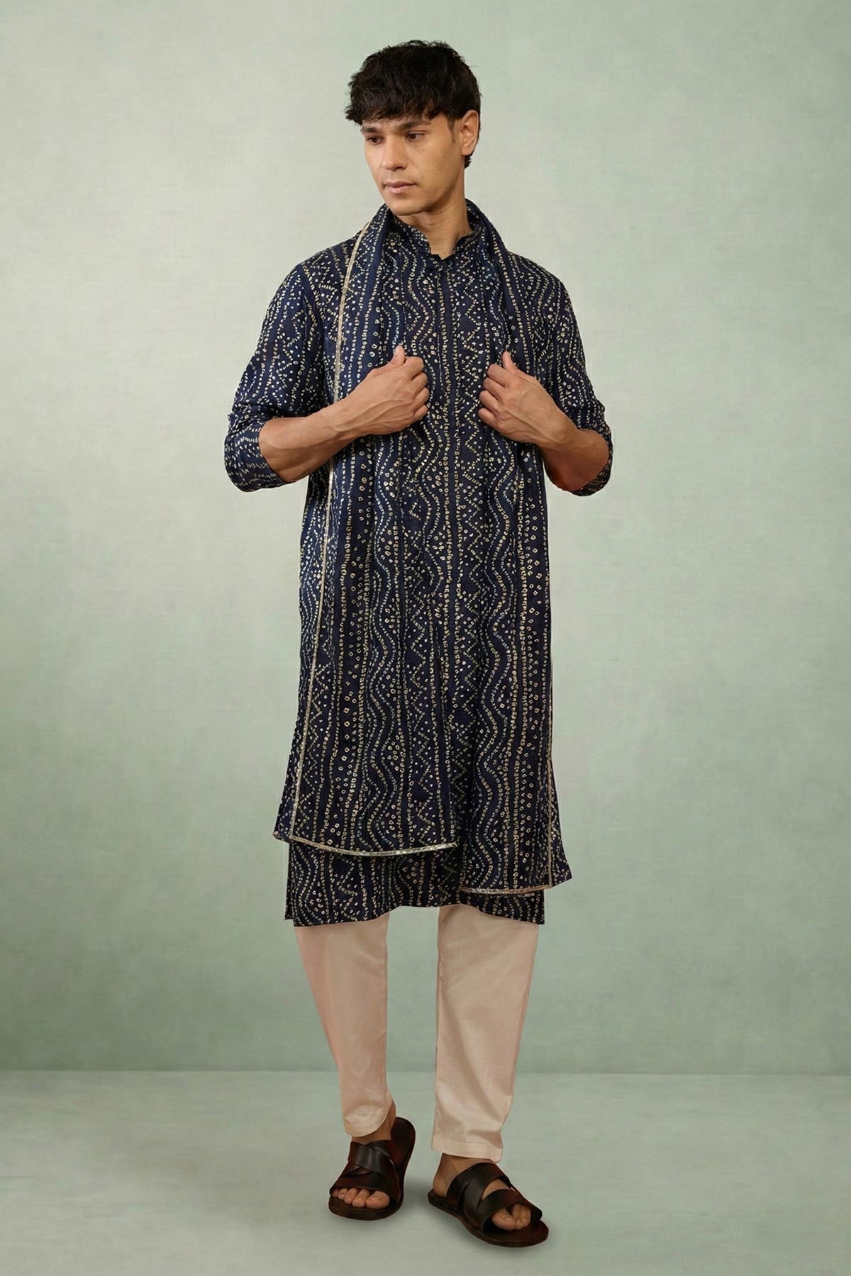 Buy Navy Blue Bandhani Kurta Set for women by Priyanka Jain online available at scrollnshops