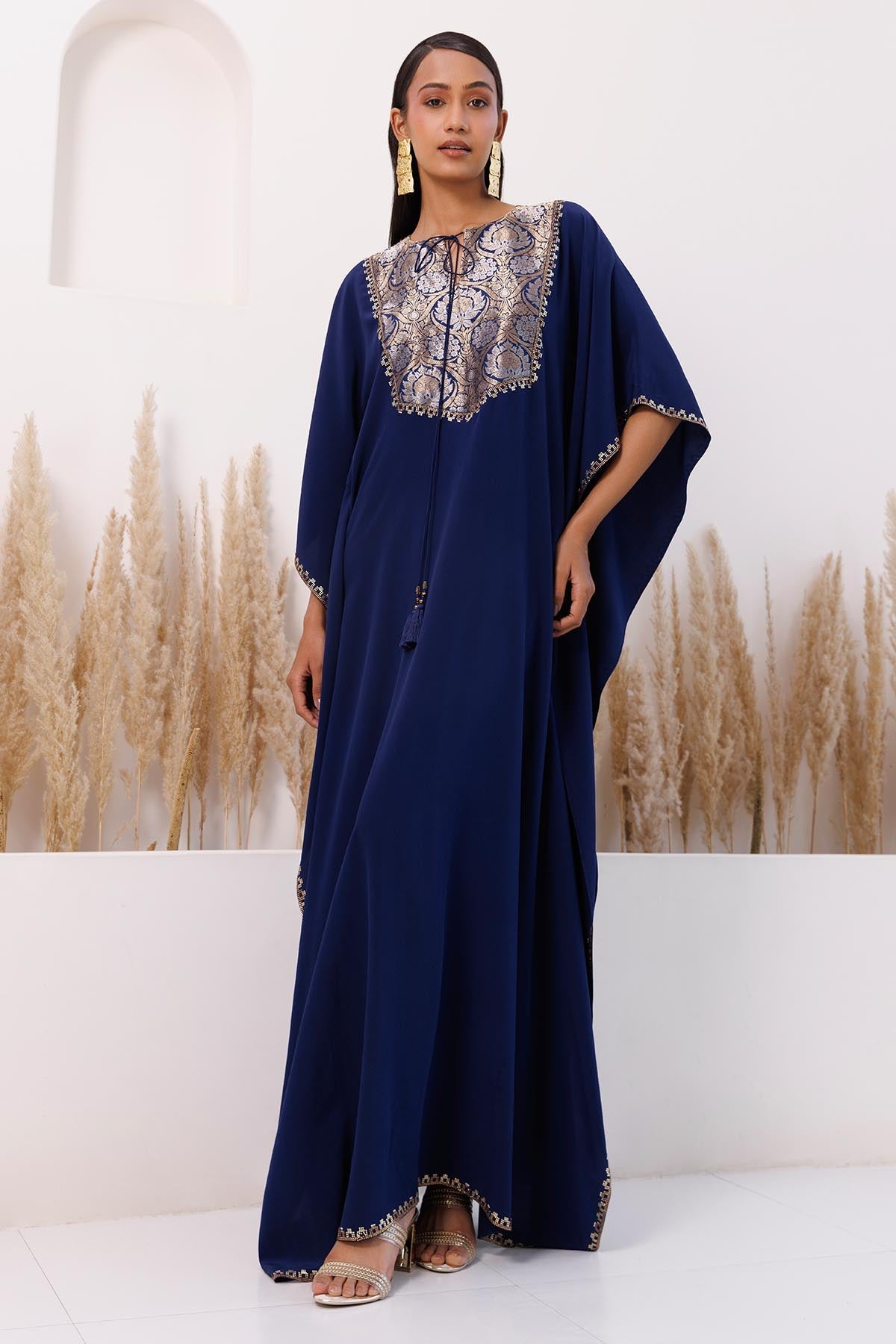 Chhaya Mehrotra Navy Blue Brocade Yoke Kaftan for women online at ScrollnShops