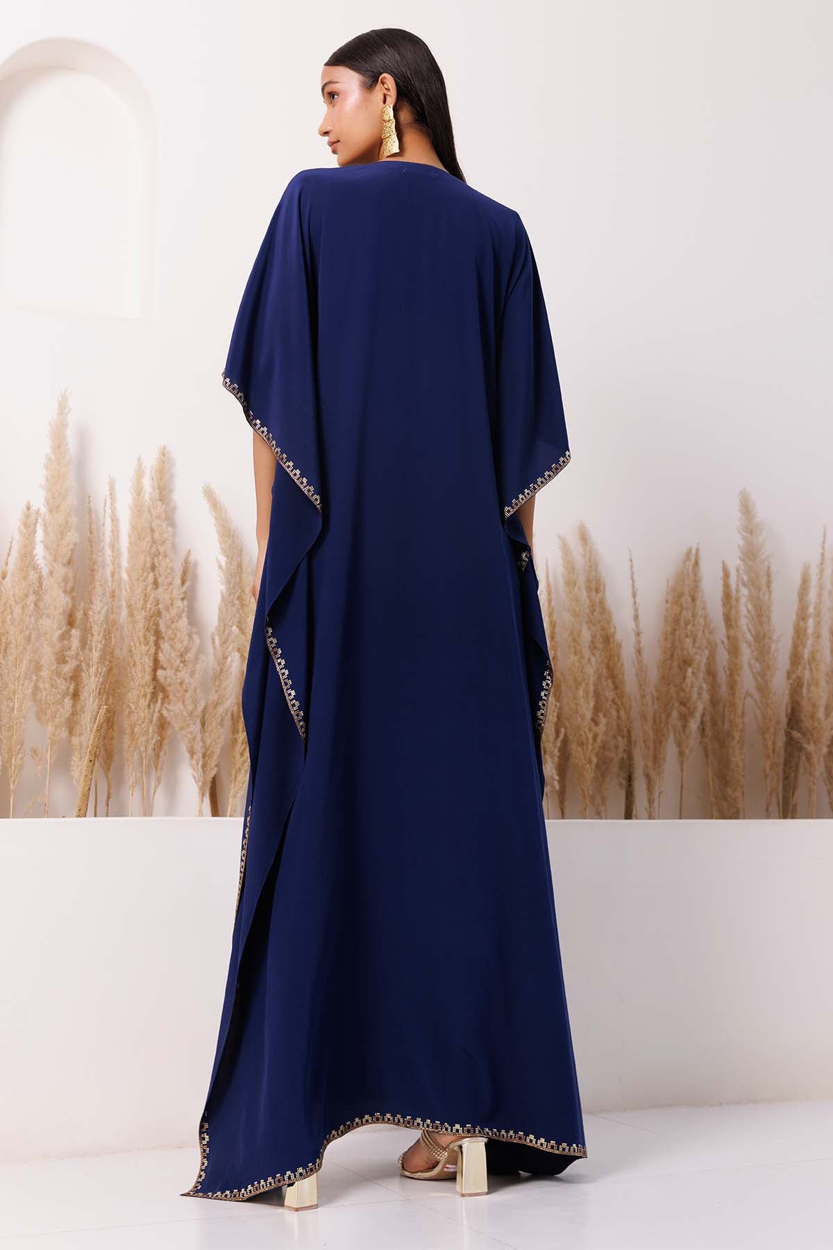 Navy Blue Brocade Yoke Kaftan