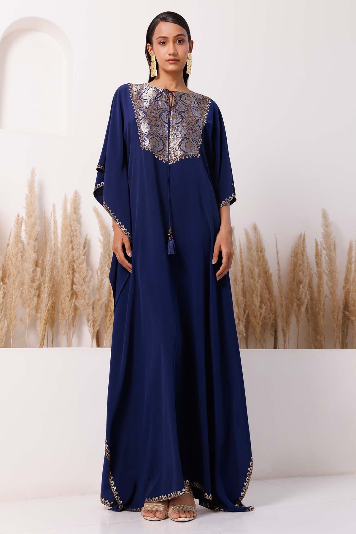 Navy Blue Brocade Yoke Kaftan