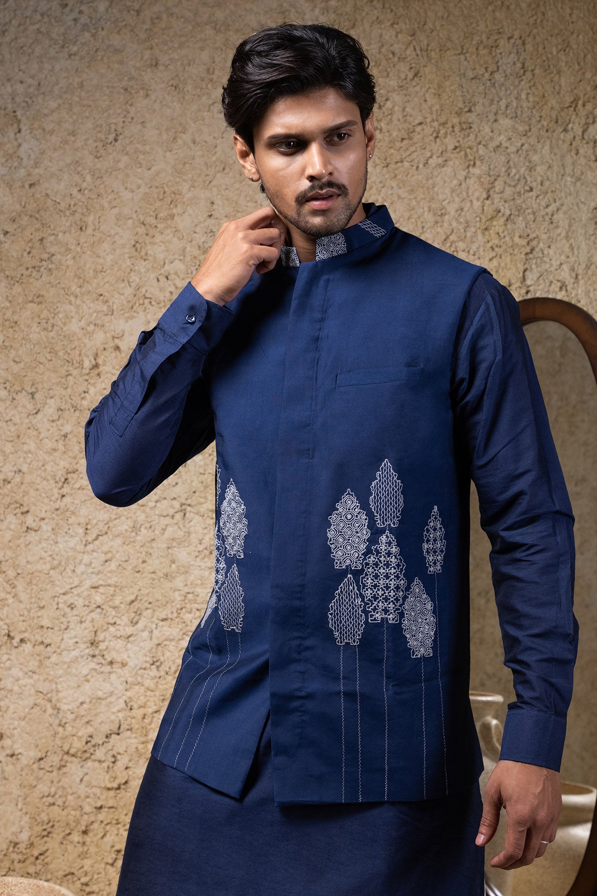 Navy Blue Cord Embroidered Bundi