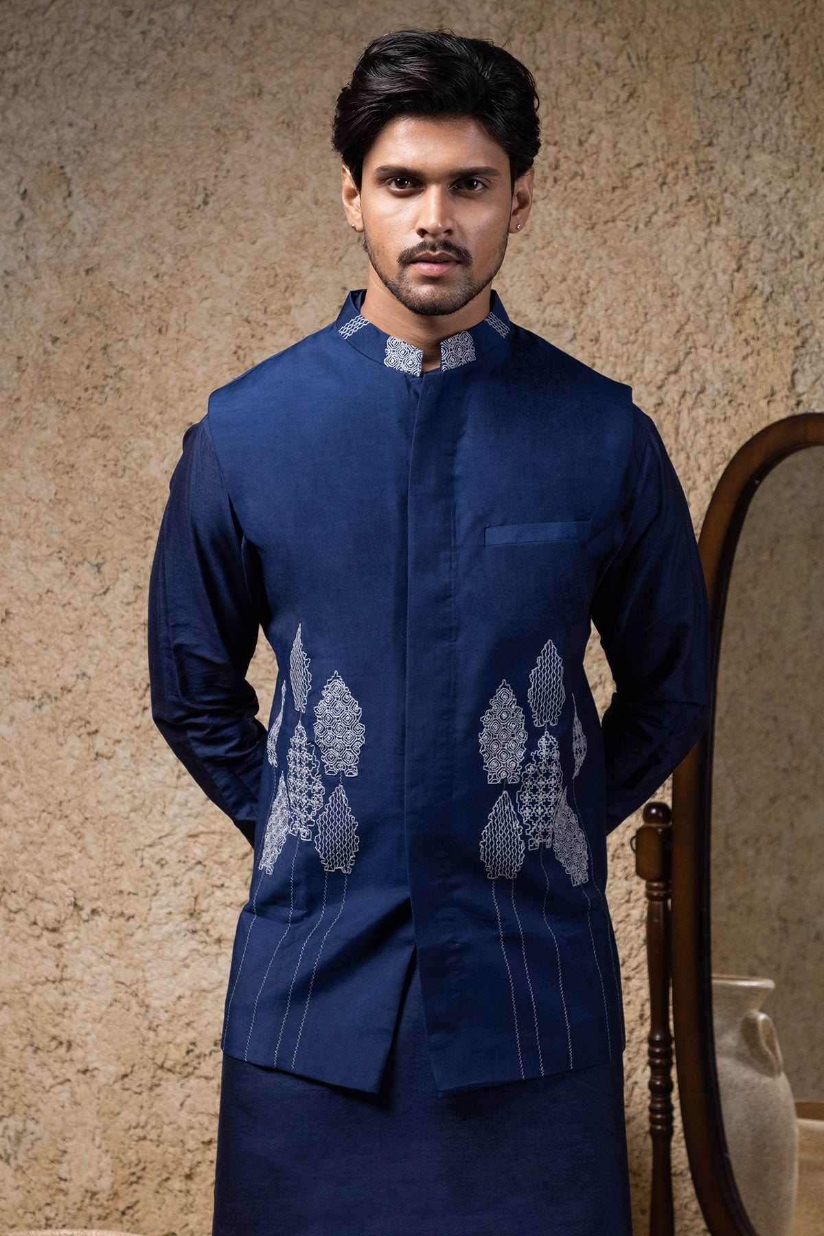 Buy Navy Blue Cord Embroidered Bundi by Priyanka Haralalka for men online at ScrollnShops