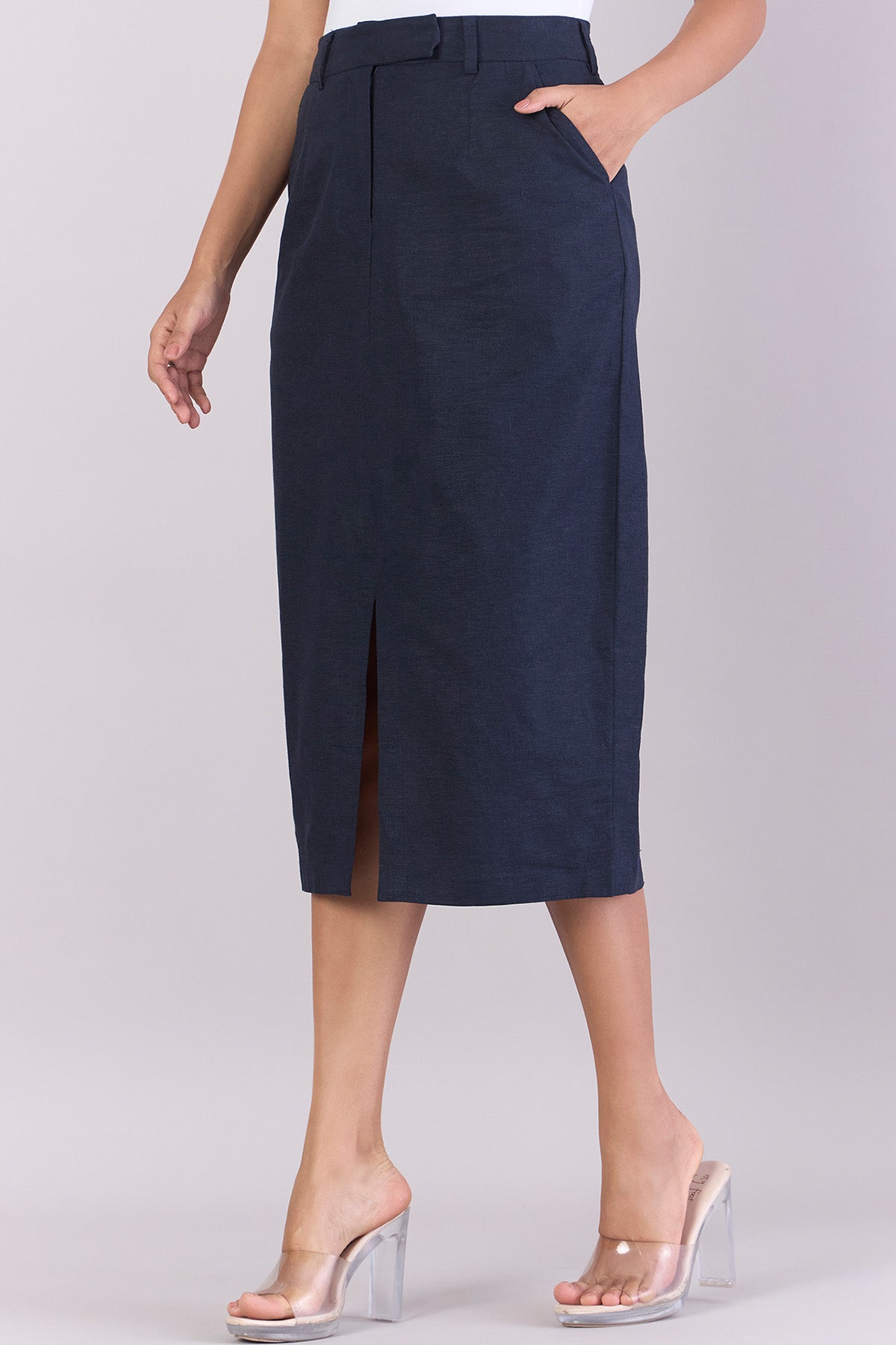 Navy Blue Cotton Blend Skirt