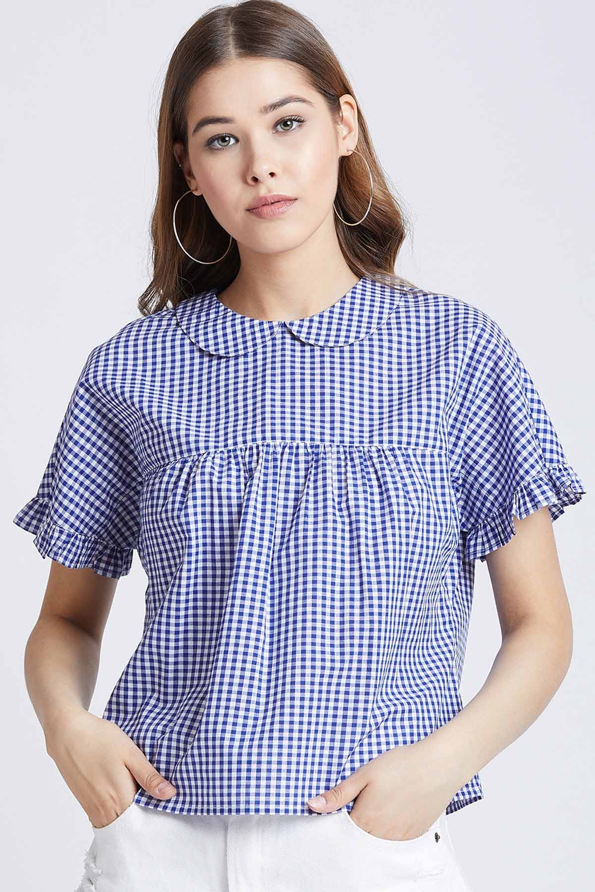 Buy Navy Blue Cotton Checkered Top Online