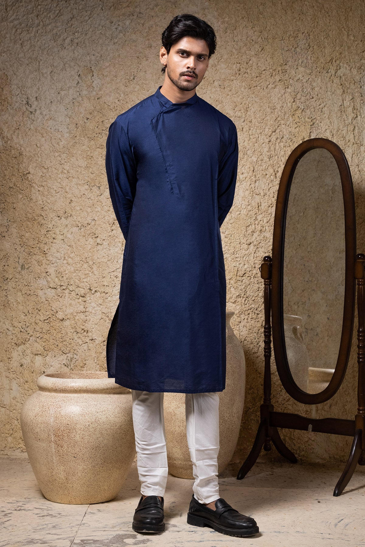 Buy Navy Blue Cotton Silk Kurta Set by Priyanka Haralalka for men online at ScrollnShops