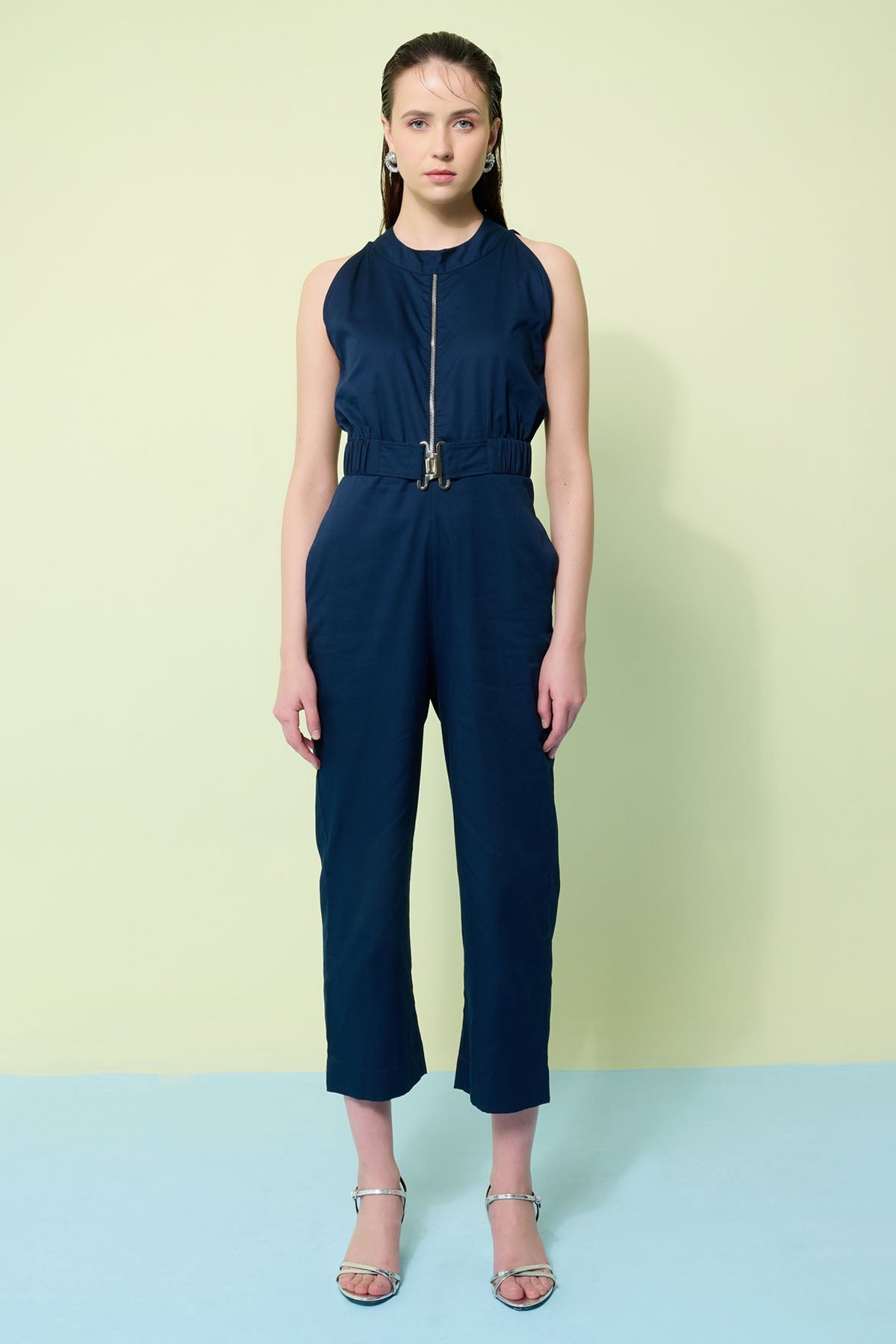 Vanten Navy Blue Cotton Twill Jumpsuit for women online at ScrollnShops