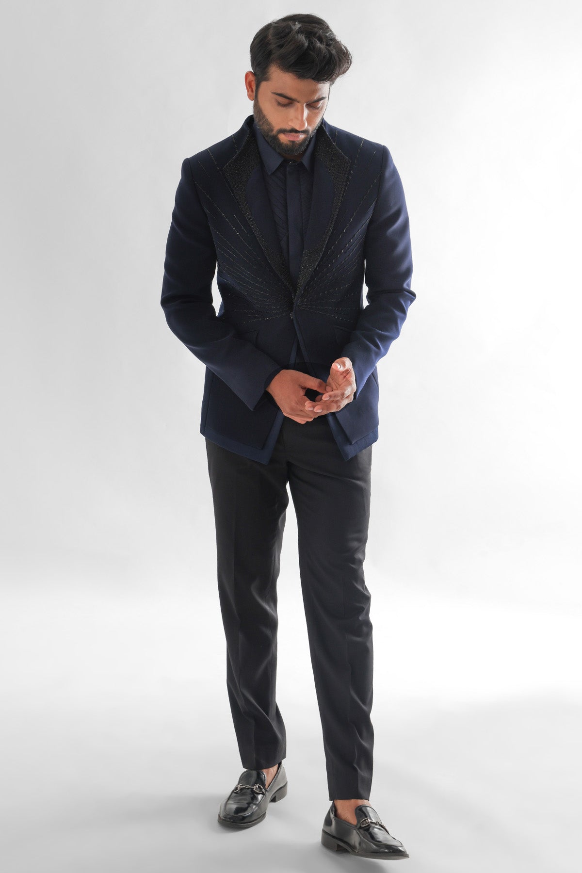 Navy Blue Cutdana Tuxedo Set