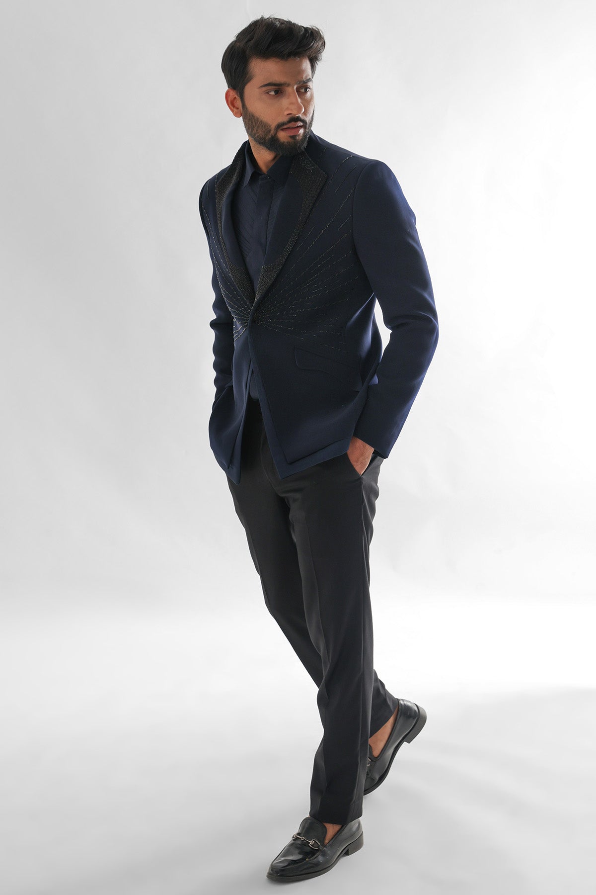 Buy Navy Blue Cutdana Tuxedo Set for men by Paarsh Atelier online available at scrollnshops
