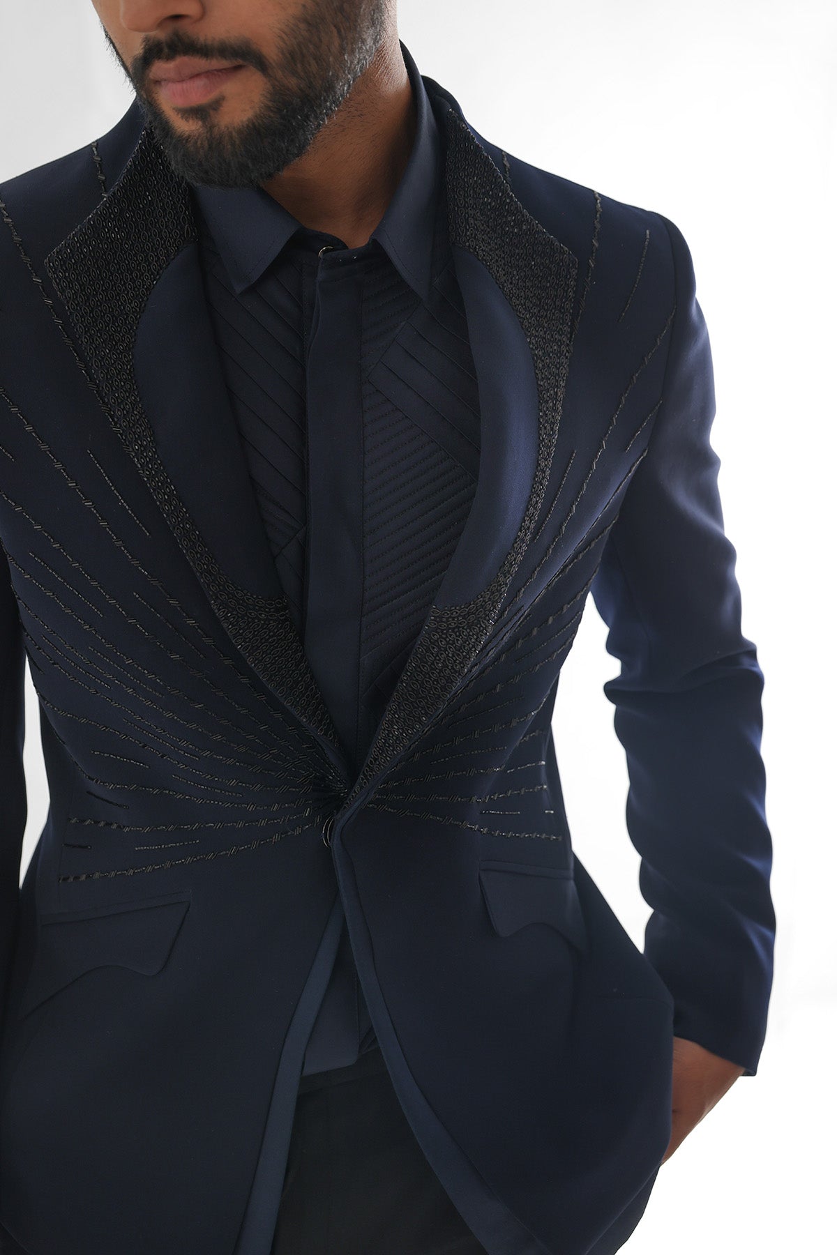 Navy Blue Cutdana Tuxedo Set