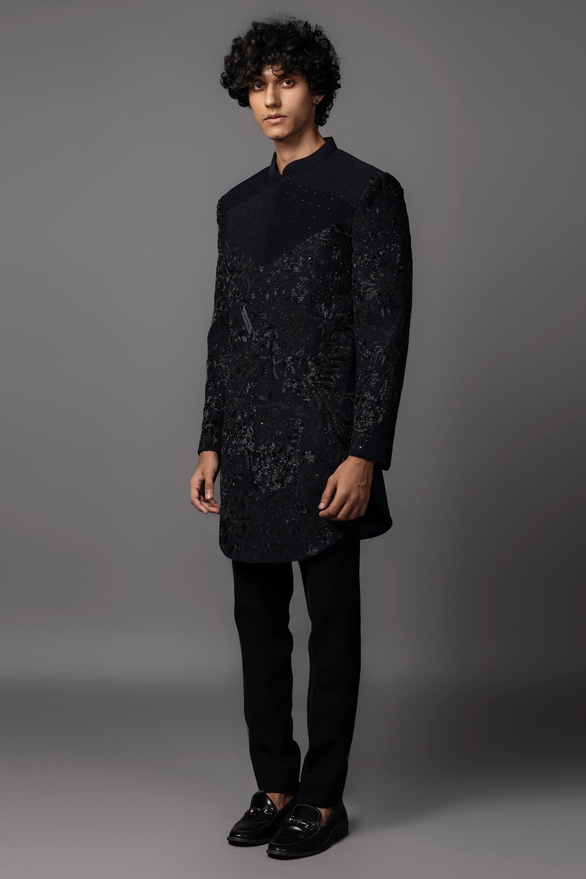 Navy Blue Dabka Work Achkan Set
