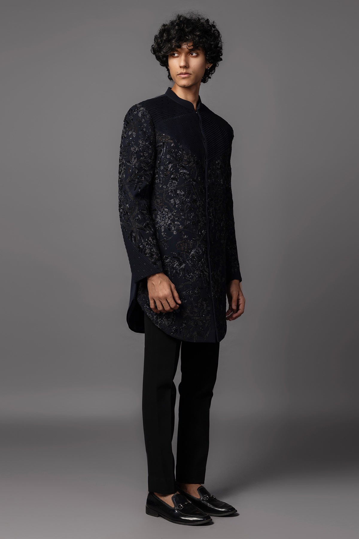 Navy Blue Dabka Work Achkan Set