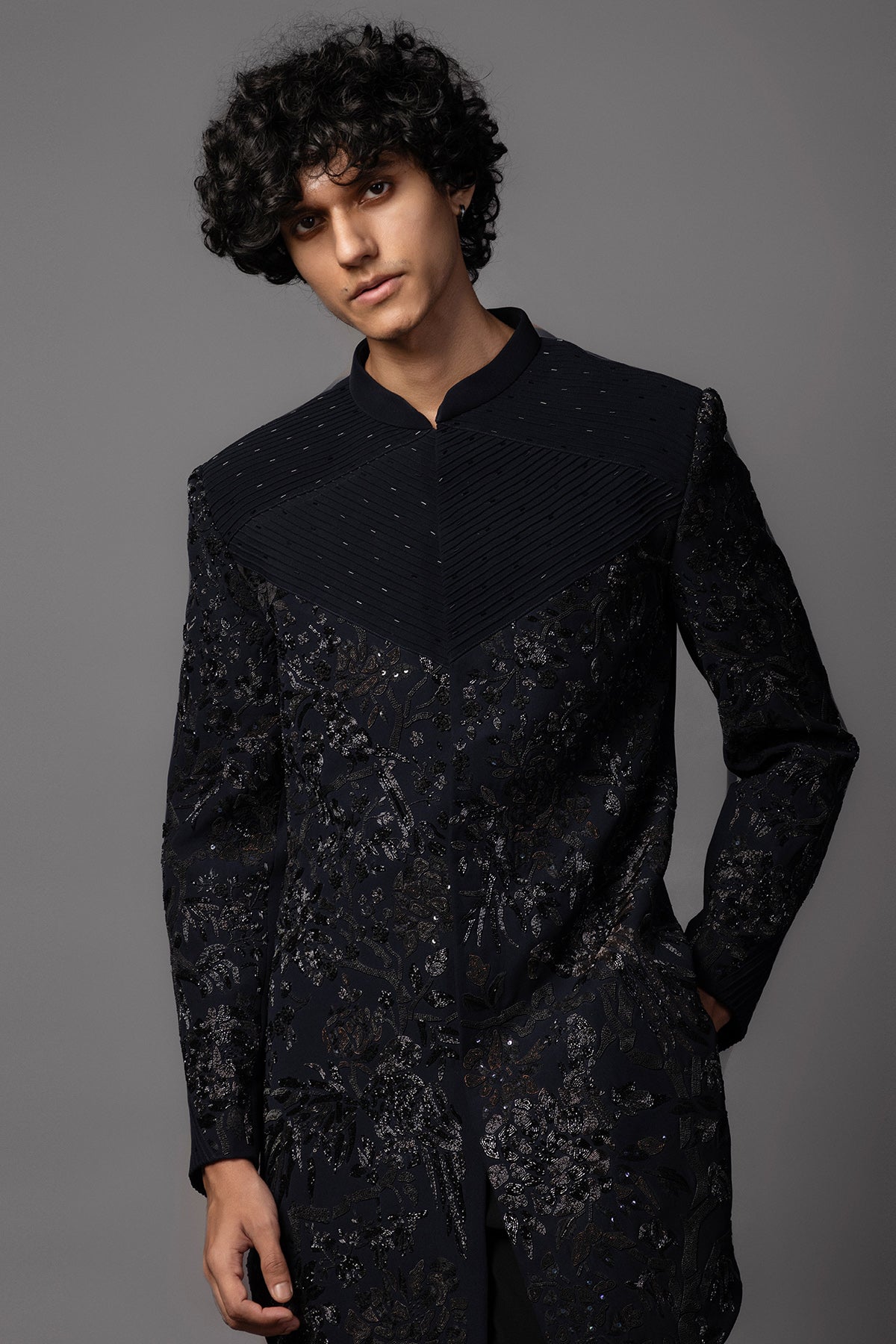 Navy Blue Dabka Work Achkan Set