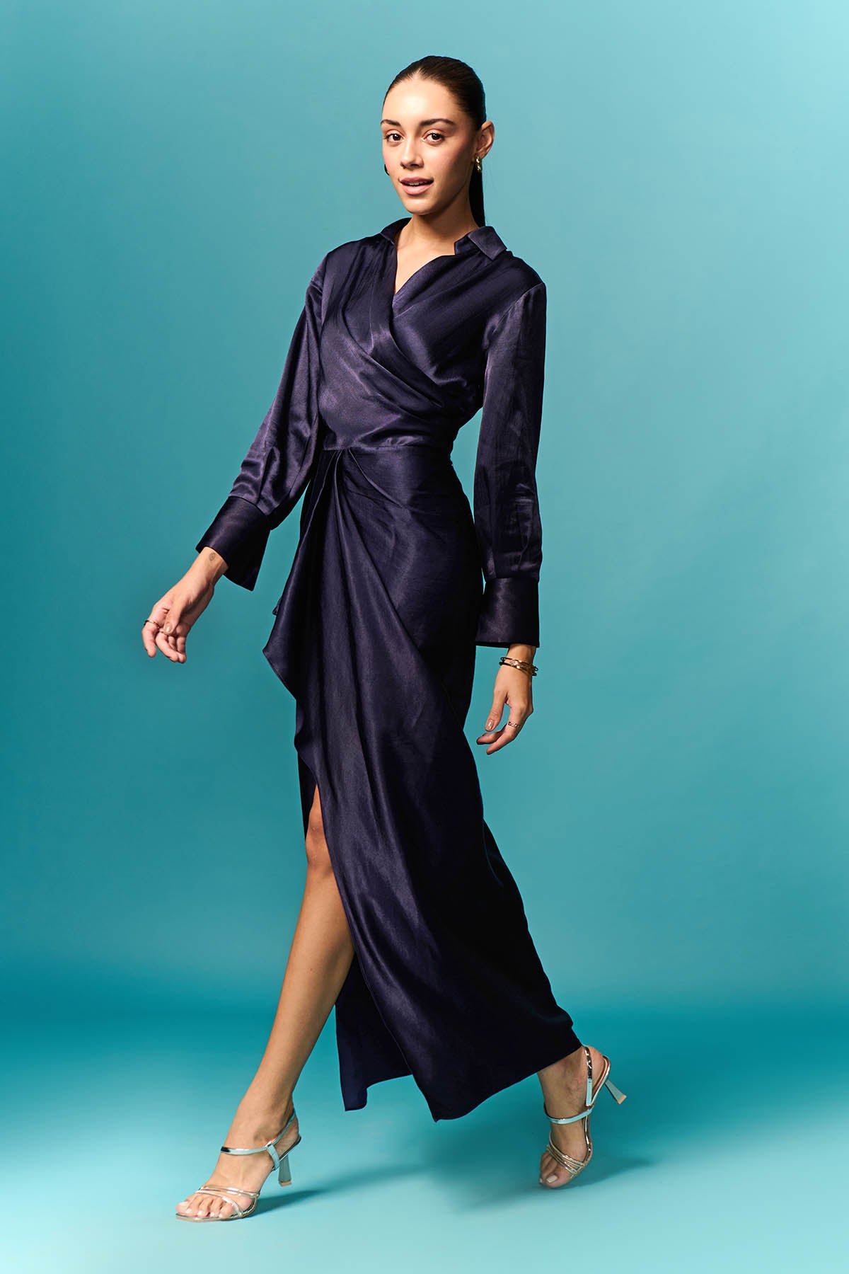 Navy Blue Drape Slit Maxi Dress