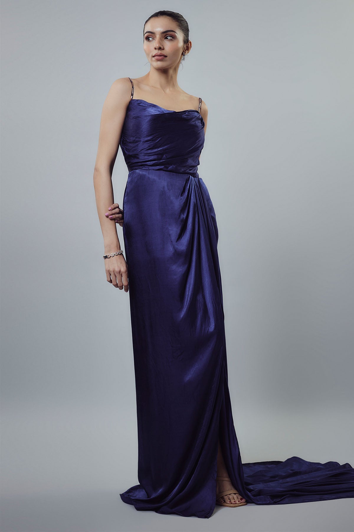 Buy Navy Blue Embellished Drape Gown by Emblaze for women online at ScrollnShops