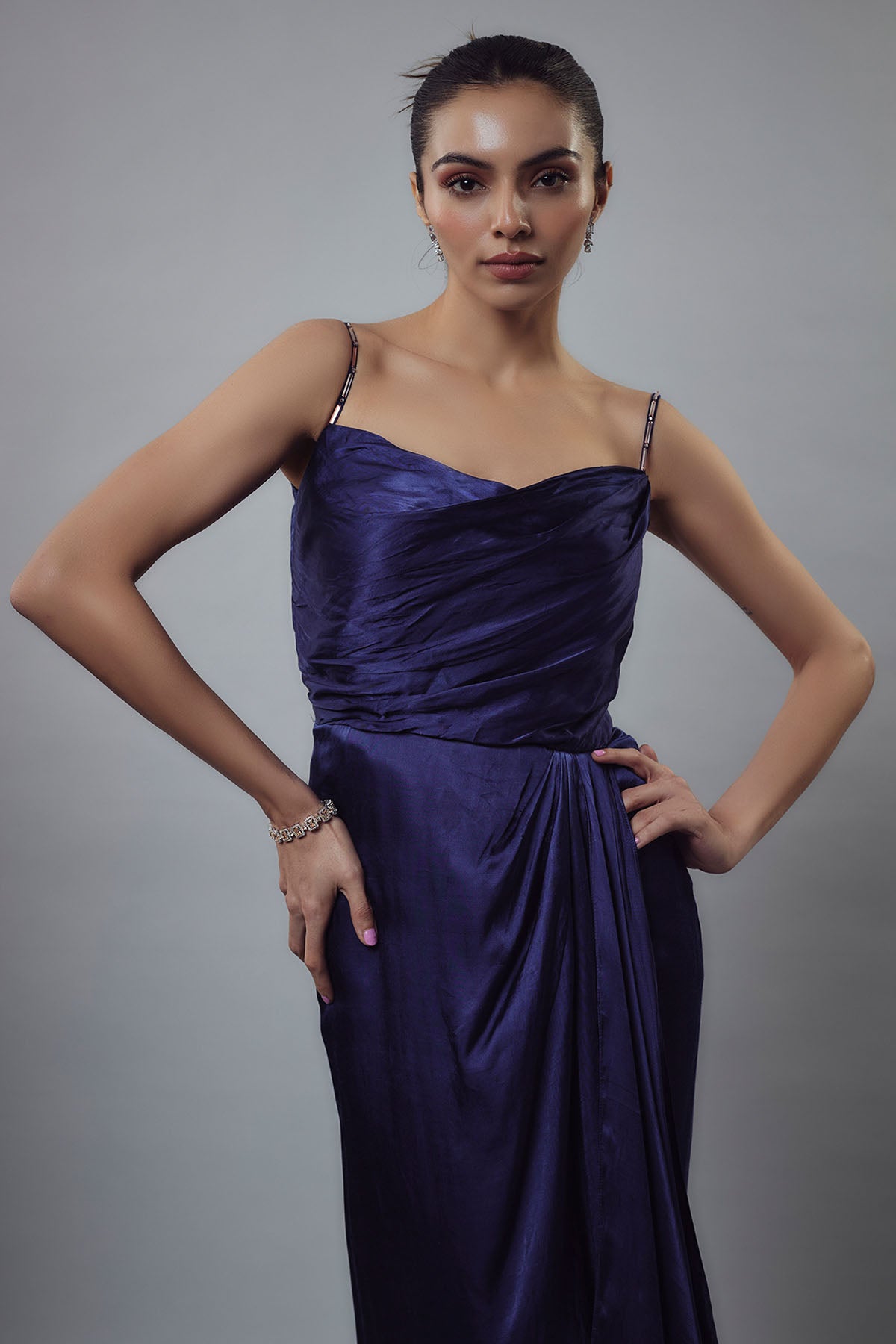 Navy Blue Embellished Drape Gown