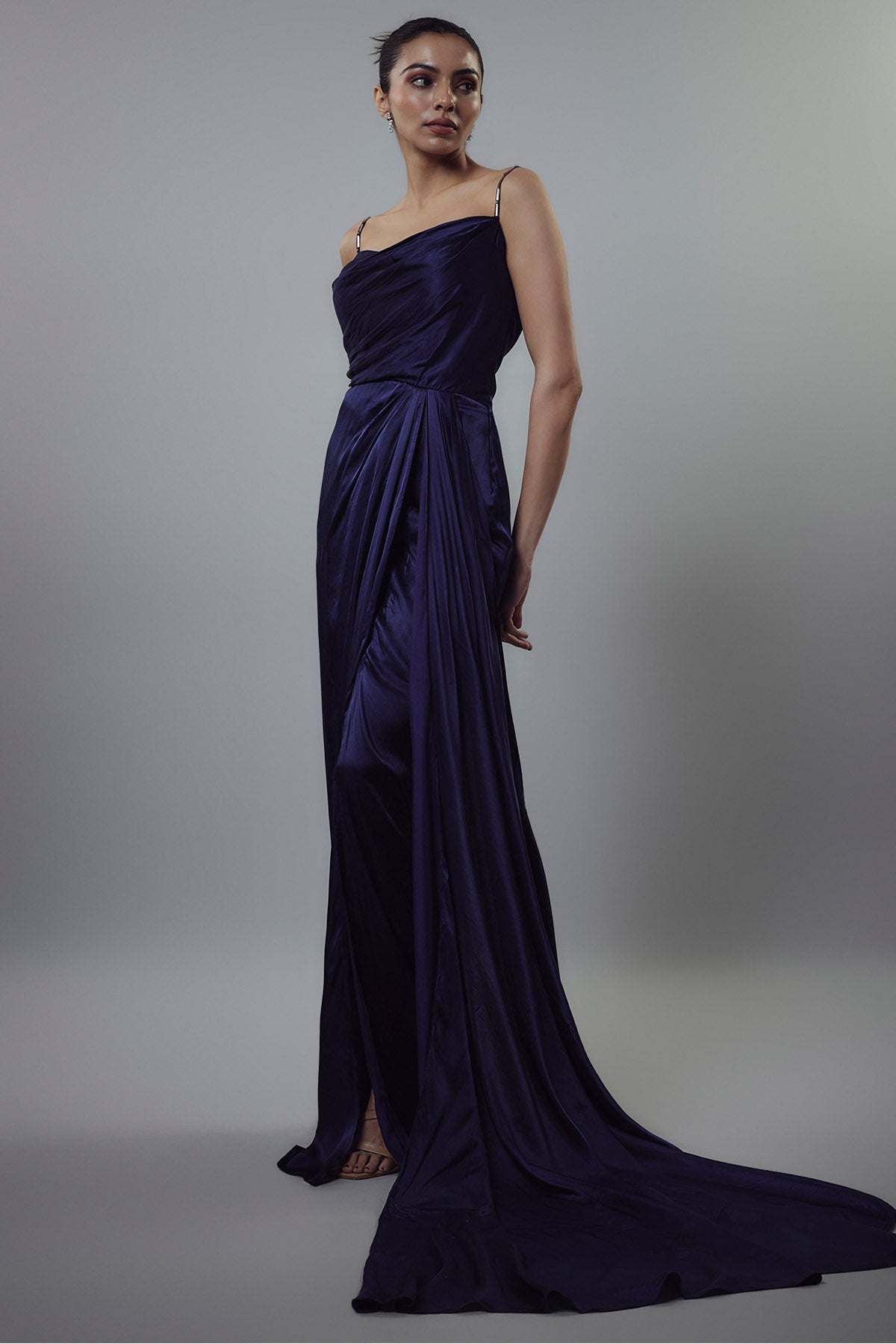 Navy Blue Embellished Drape Gown