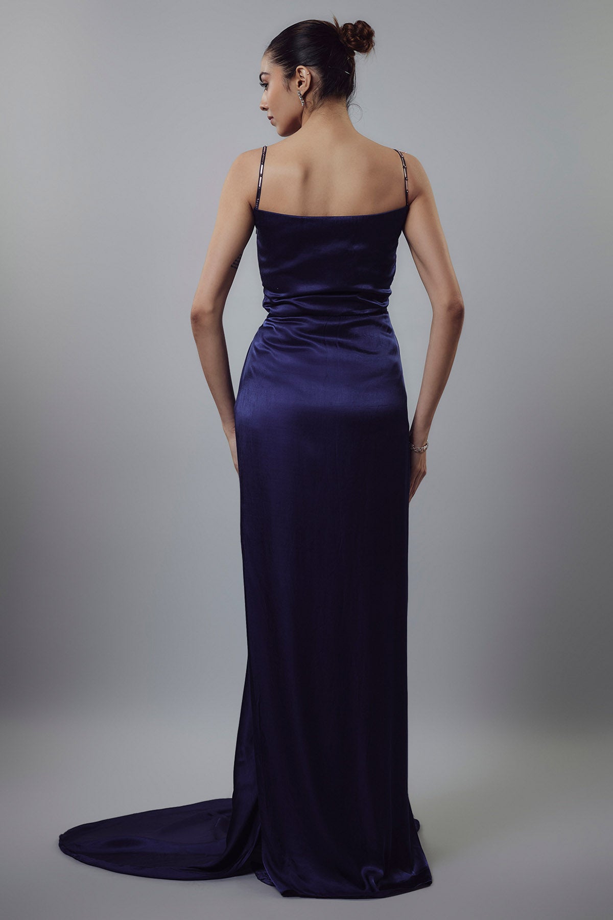 Navy Blue Embellished Drape Gown