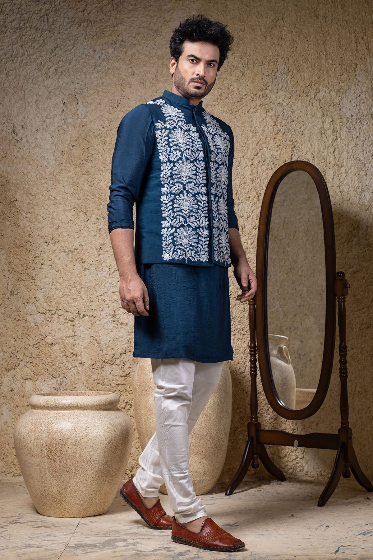 Navy Blue Embroidered Bundi Set