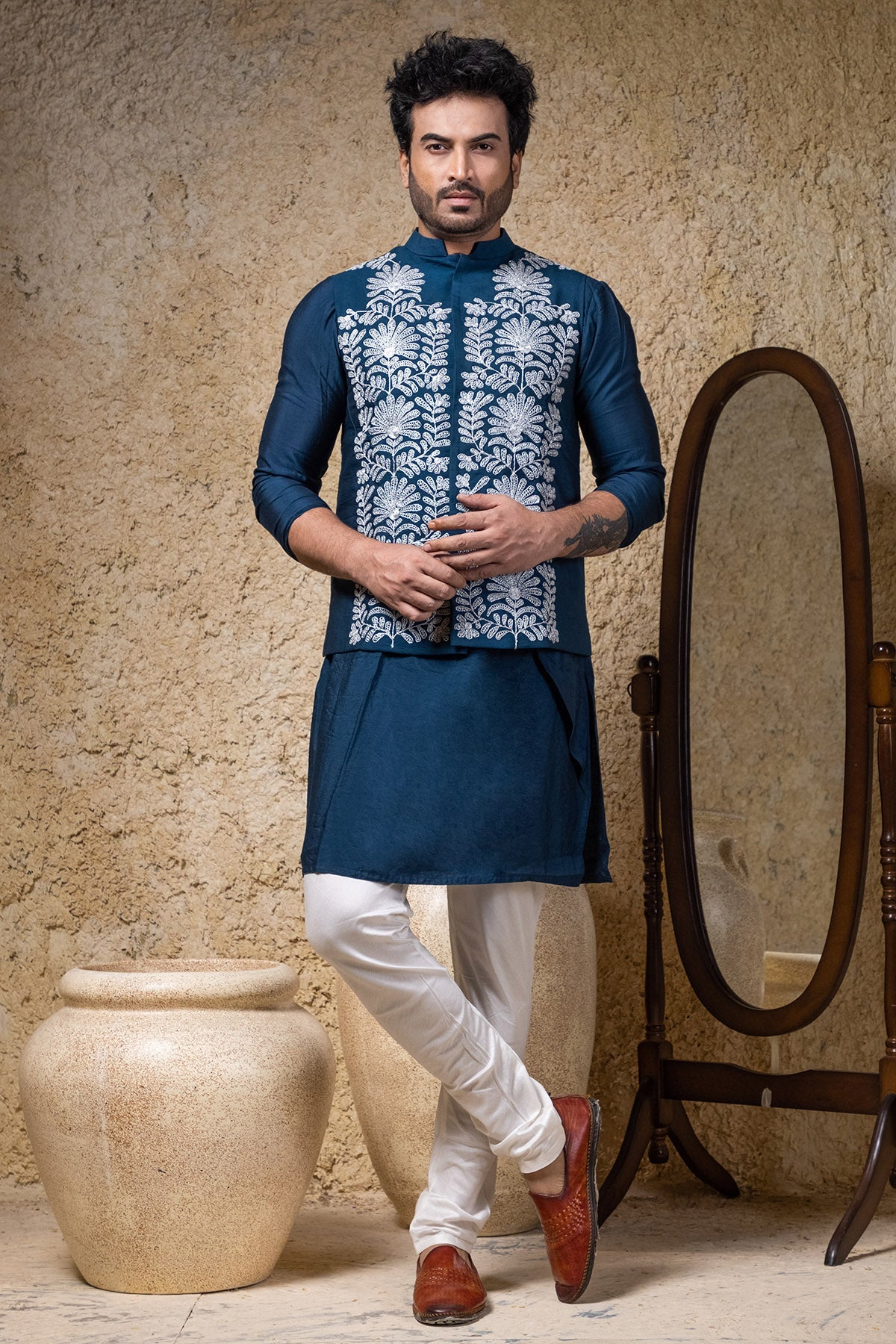 Buy Navy Blue Embroidered Bundi Set by Priyanka Haralalka for men online at ScrollnShops