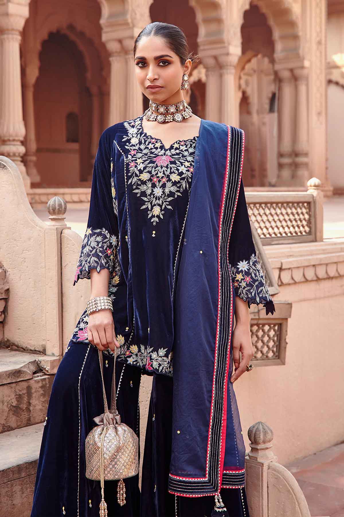 Navy Blue Embroidered Garara Set