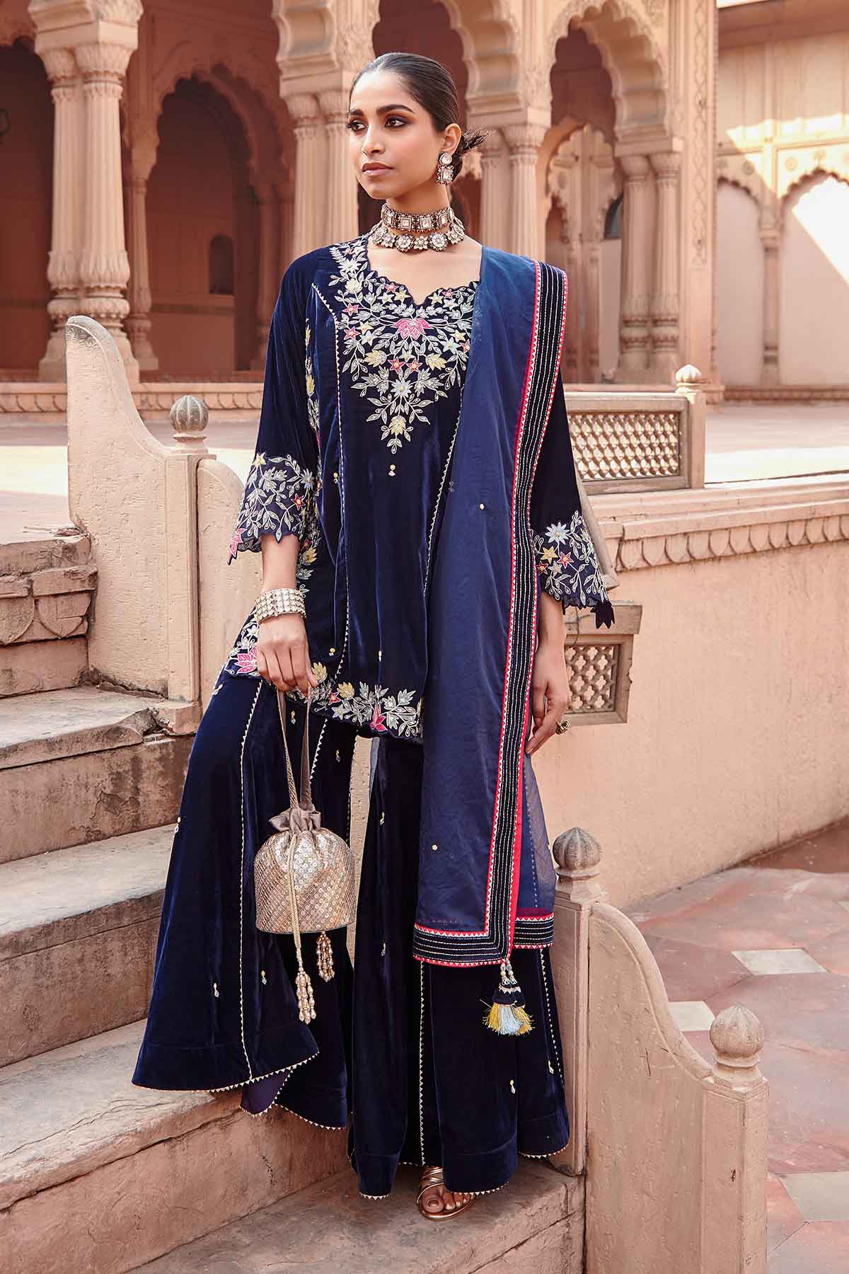 Navy Blue Embroidered Garara Set